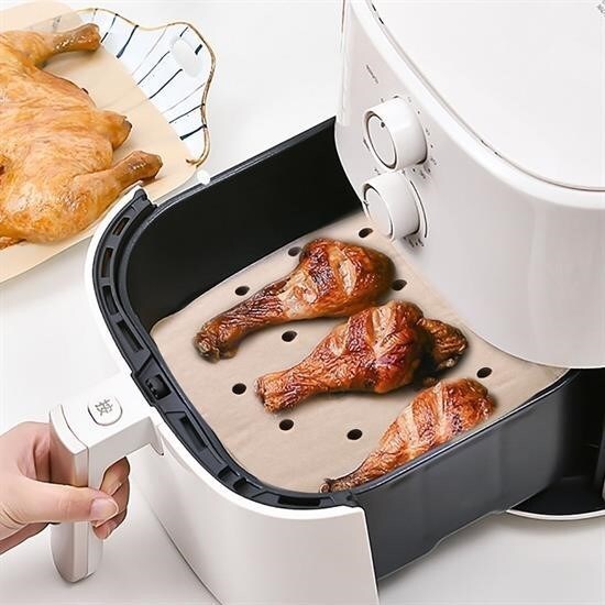 OLLEVRA 100 Adet Air Fryer Pişirme Kağıdı Tek Kullanımlık Hava Fritöz Yapışmaz Yağlı Kağıt Delikli  Model XXL