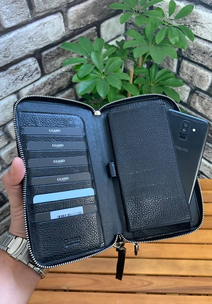 Guard Çift Fermuarlı Siyah Hakiki Deri El Çantası Erkek / Kadın P3031