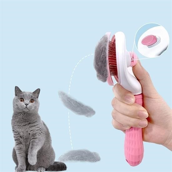 OLLEVRA Kedi Köpek Tüy Toplayıcı Kendini Temizleyebilen Ergonomik Saplı Evcil Hayvan Tarağı Pembe