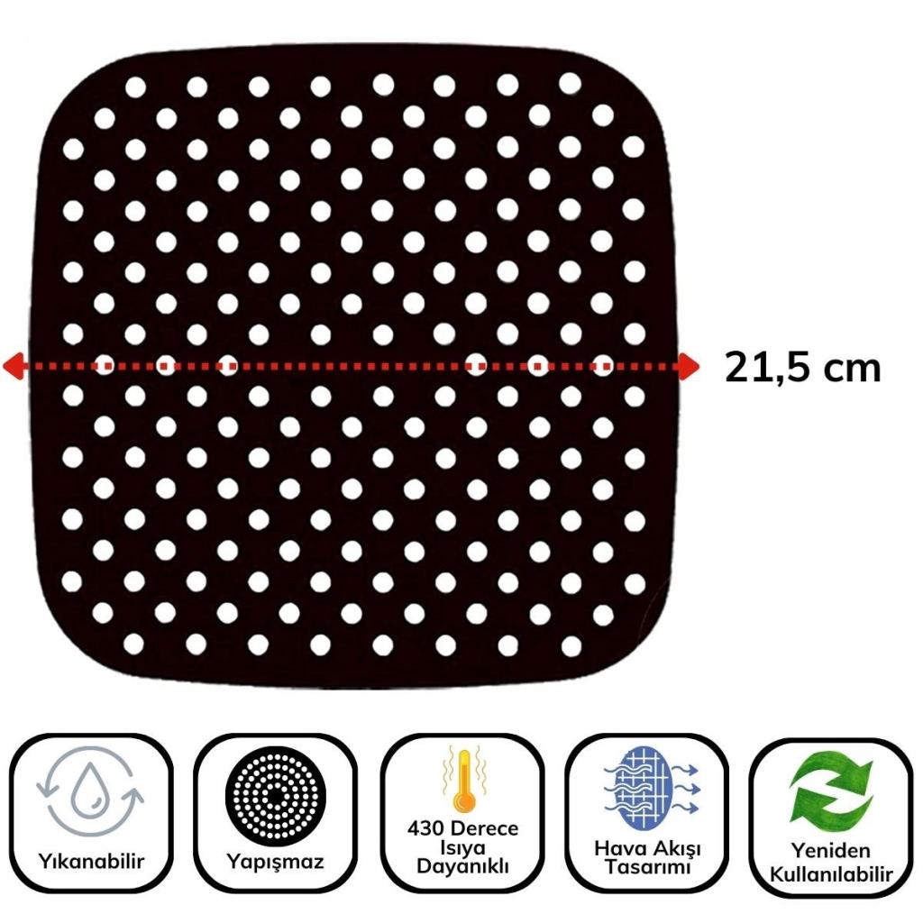 OLLEVRA Siyah Isıya Dayanıklı Yıkanılabilir Silikon Fırın Ve Airfryer Kare Model Pişirme Matı 21,5 Cm