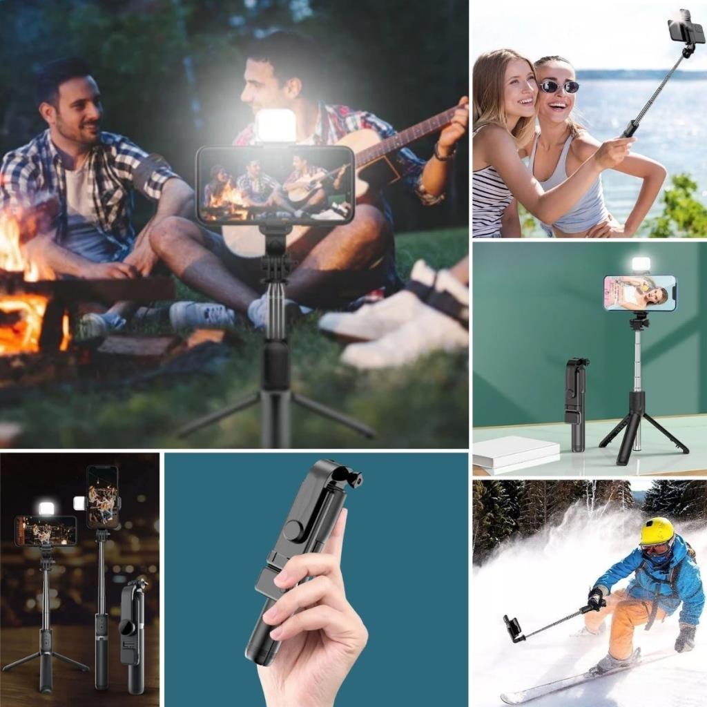 OLLEVRA Kendiliğinden Işıklı Masaüstü Tripod Olabilen Telefon Tutuculu Kablosuz Kumandalı Selfie Çubuğu