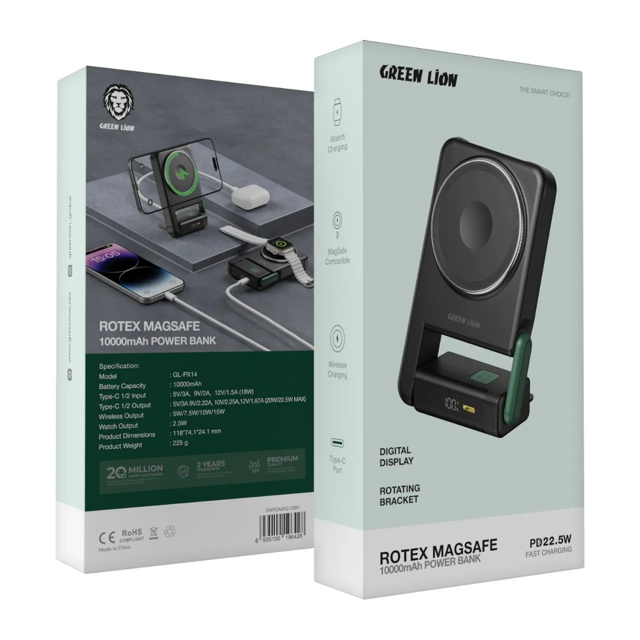 Rotex 10000mAh MagSafe Power Bank, Apple Watch Uyumlu, Döner Stand, PD 22.5W Hızlı Şarj Cihazı