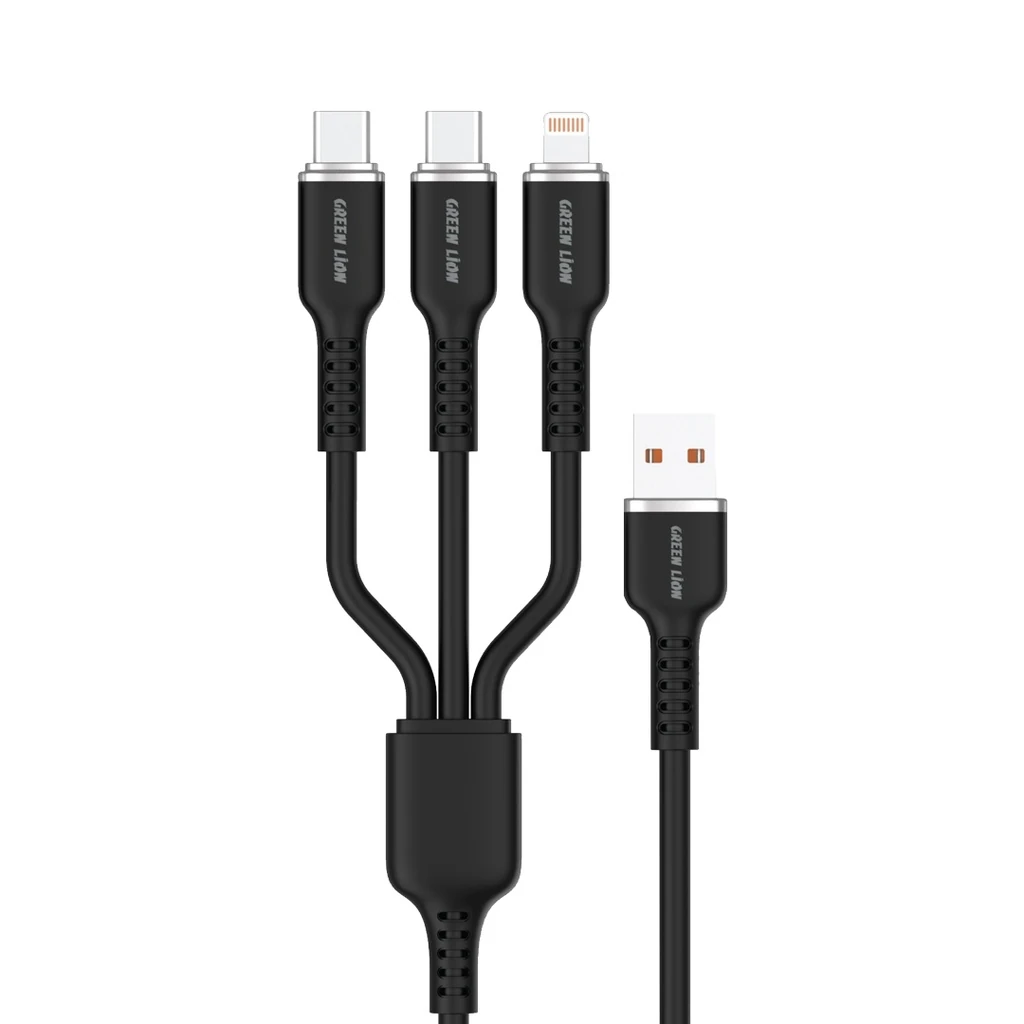 3'ü 1 Arada 60W Çoklu Hızlı Şarj Kablosu, USB-A'dan Çift Type-C ve Lightning Uçlu, Silikon, 1.2M