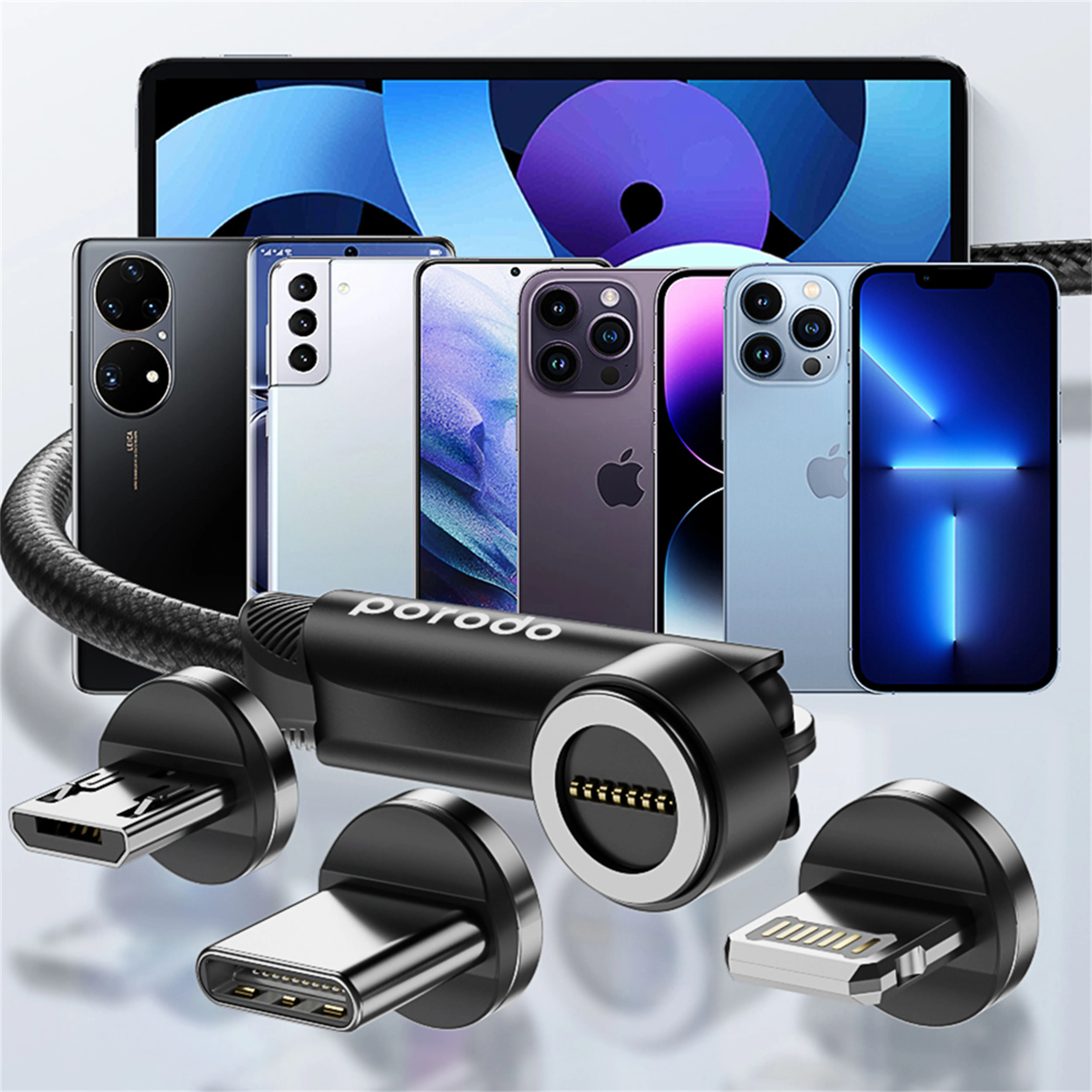 3'ü 1 Arada Manyetik Örgü Kablo, 180°+360° Döner Başlıklı Lightning, Type-C ve Micro USB Hızlı Şarj