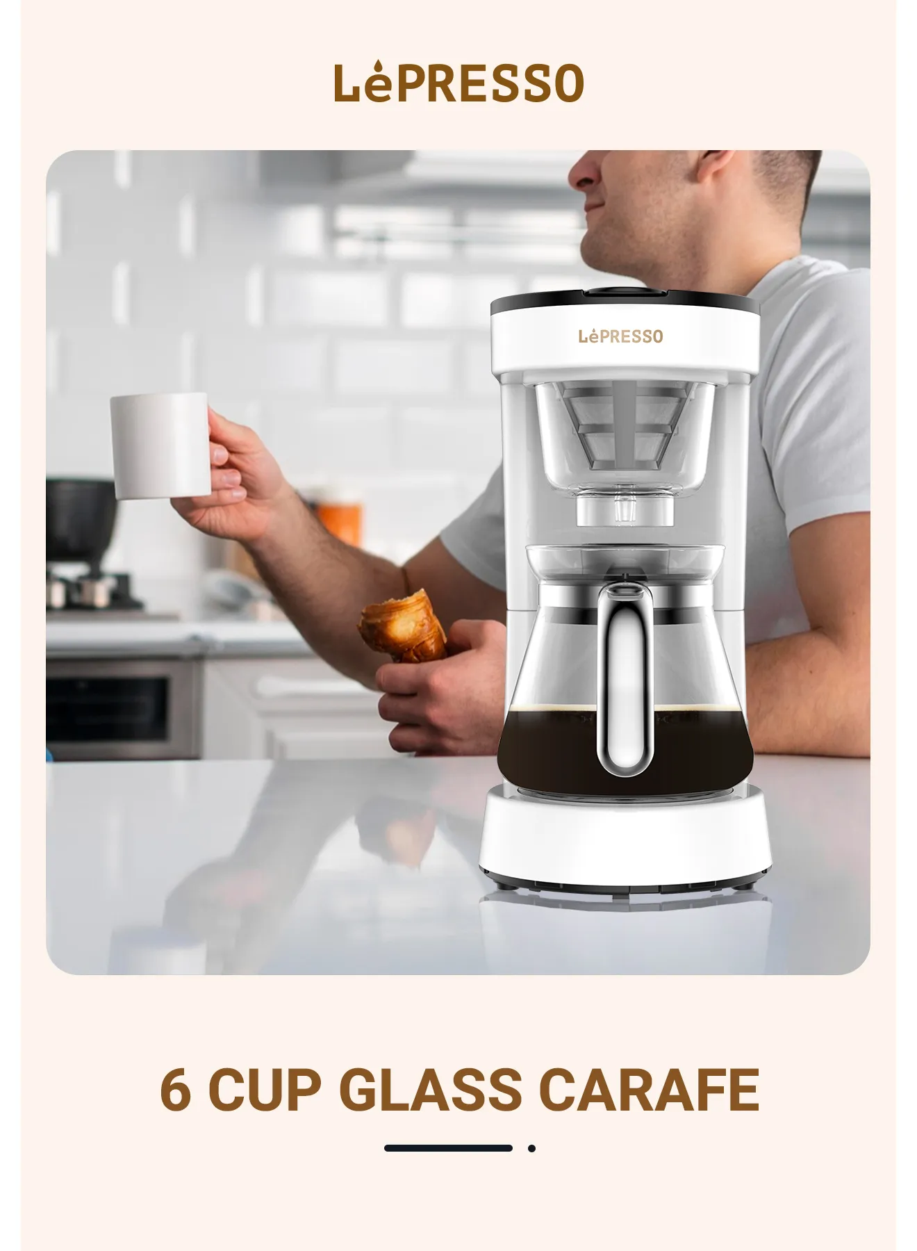 0.75L Şeffaf Filtre Kahve Makinesi, 6 Fincan Kapasiteli, Sıcak Tutma ve Otomatik Kapanma, Beyaz