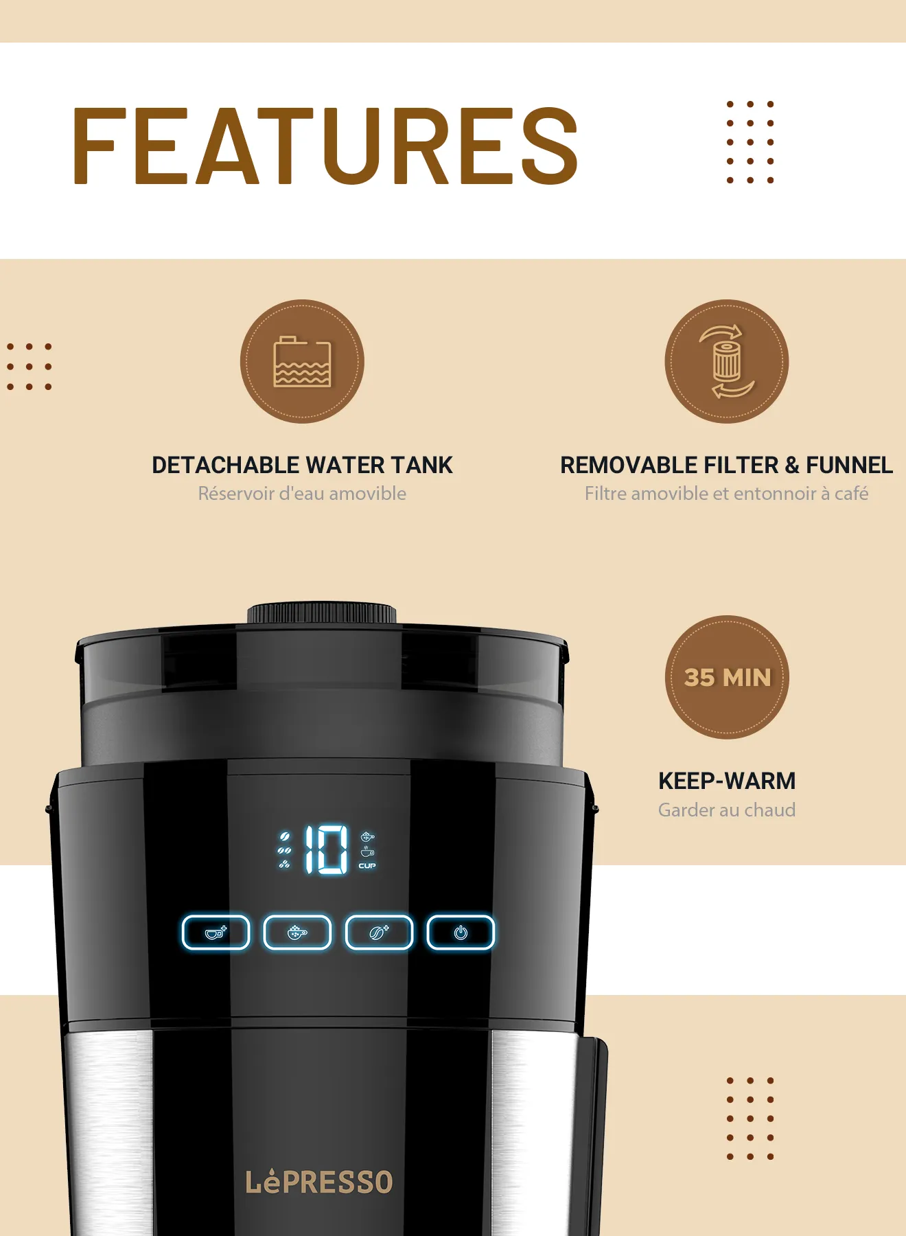 1.2L Öğütücülü Filtre Kahve Makinesi, 10 Fincan, Sıcak Tutma Fonksiyonlu Otomatik Kahve Makinesi