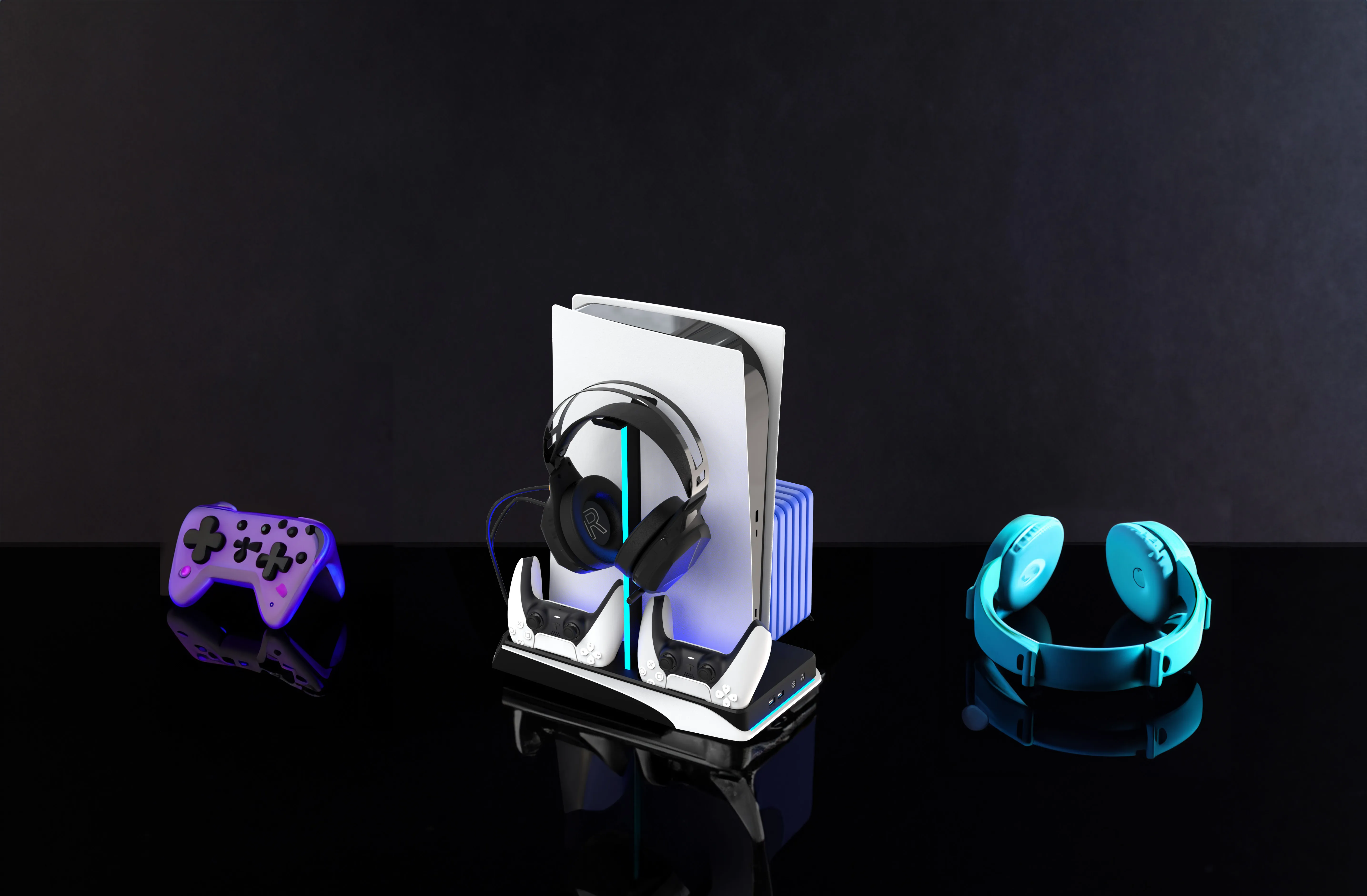 Gaming PS5 Soğutma ve Şarj Standı, DualSense Şarj İstasyonu, RGB Işık, 12 Oyun ve Kulaklık Standı