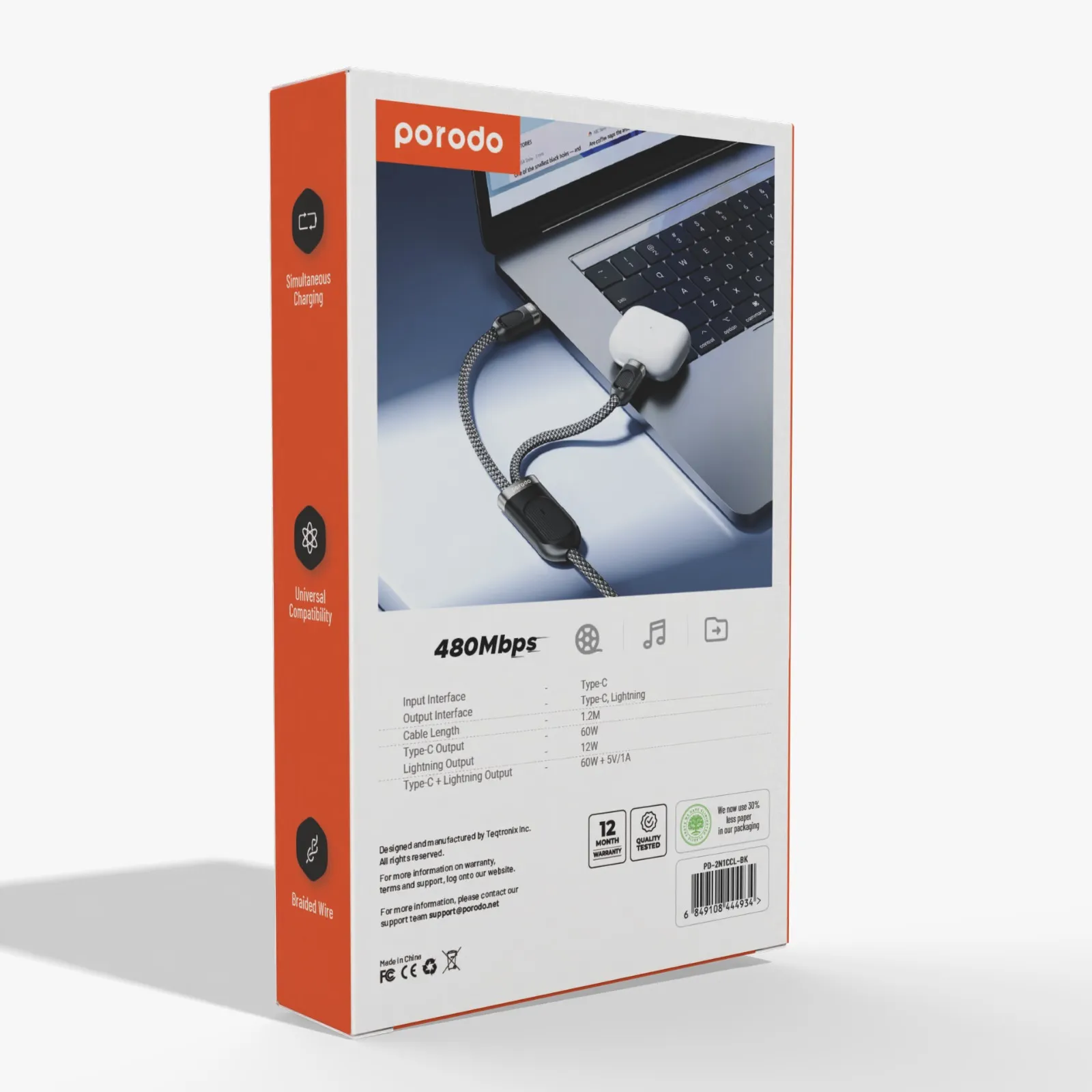 2'si 1 Arada Örgülü Hızlı Şarj Kablosu, 60W PD Type-C ve 12W Lightning, 1.2 Metre, Aynı Anda Şarj