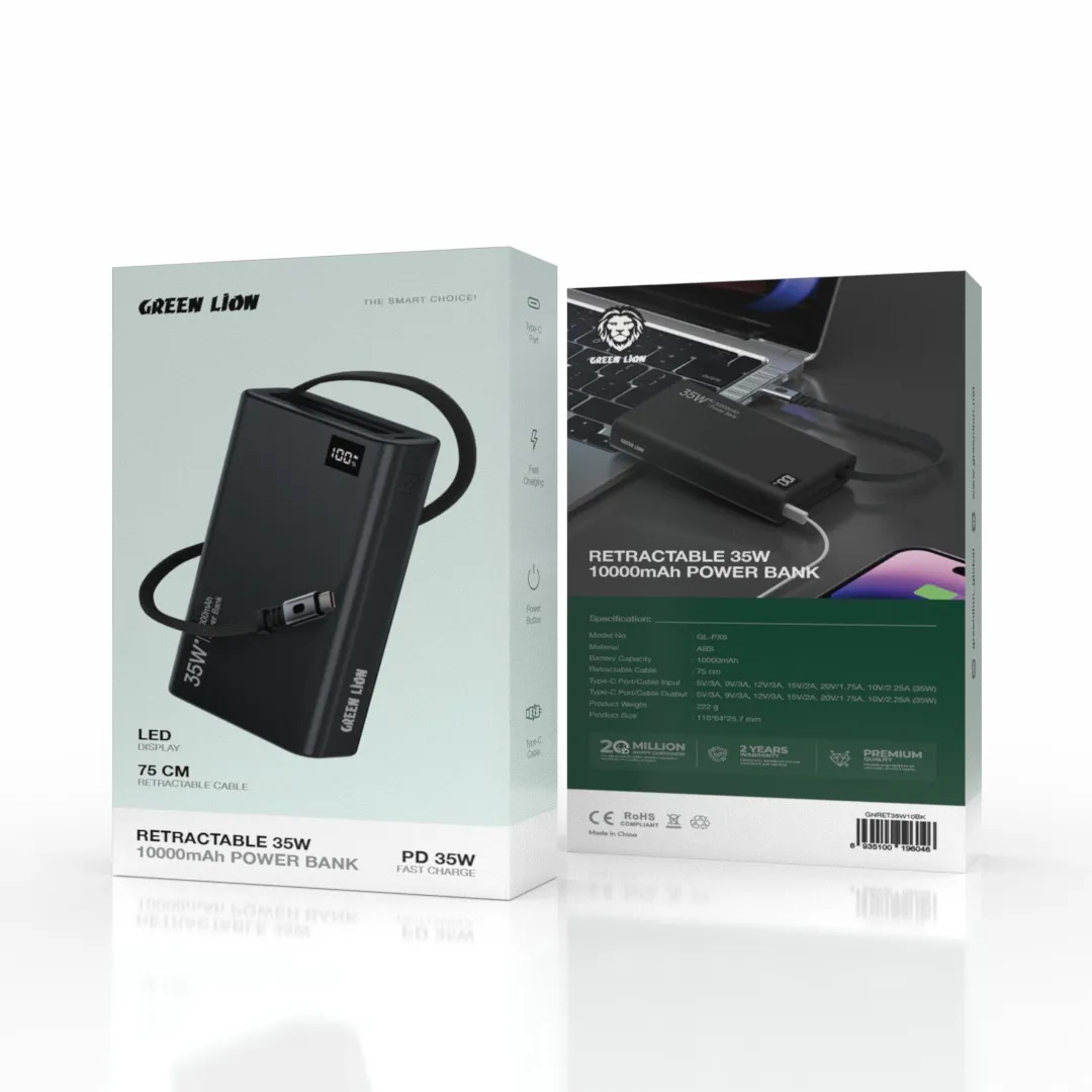 10000mAh Makaralı Power Bank, Dahili 75cm Type-C Kablolu, PD 35W Hızlı Şarj, LED Ekranlı Şarj Cihazı