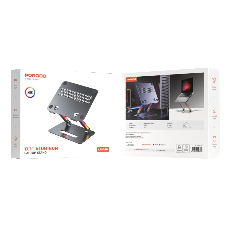 17.3 İnç Alüminyum Laptop Standı, Katlanabilir, Ayarlanabilir Yükseklik, RGB Işıklı Soğutucu