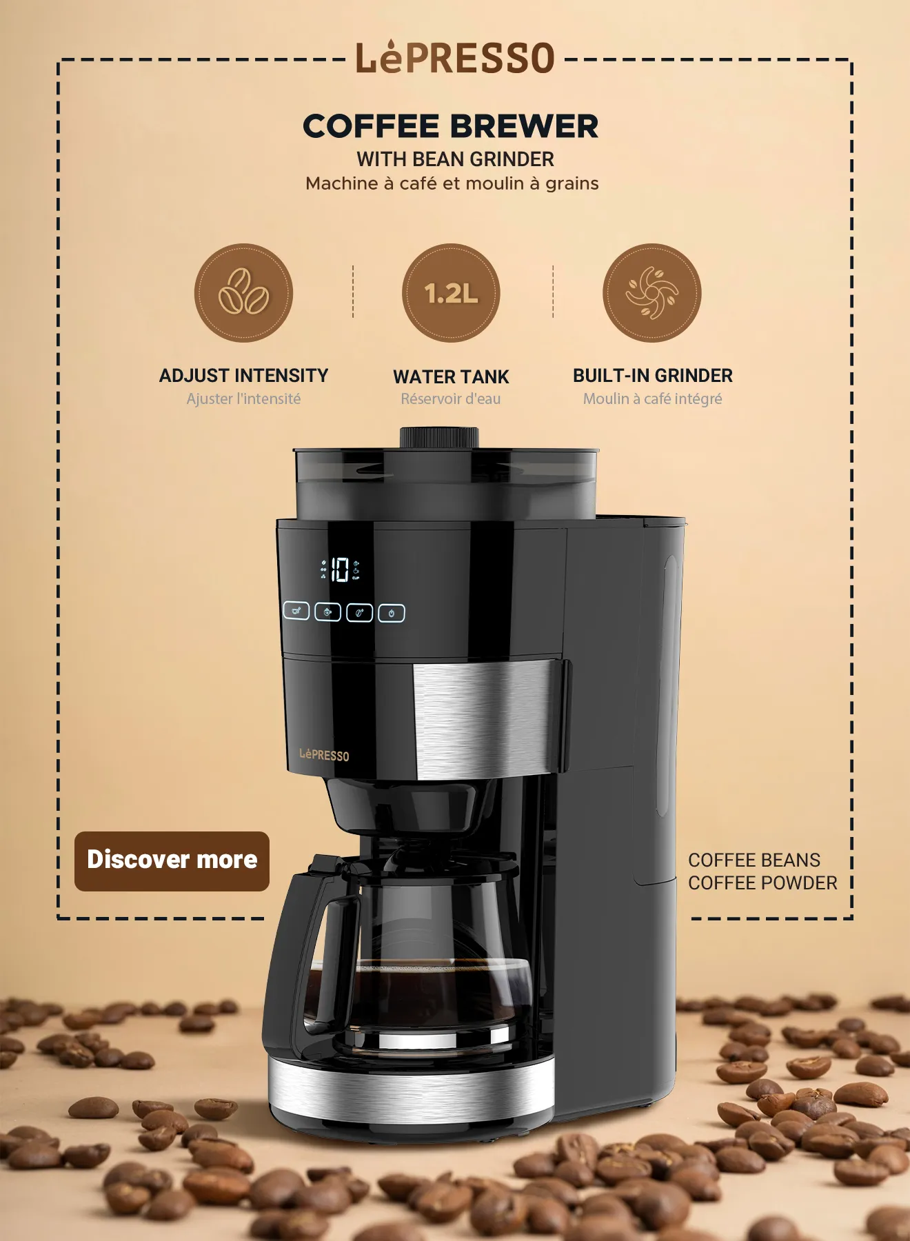 1.2L Öğütücülü Filtre Kahve Makinesi, 10 Fincan, Sıcak Tutma Fonksiyonlu Otomatik Kahve Makinesi