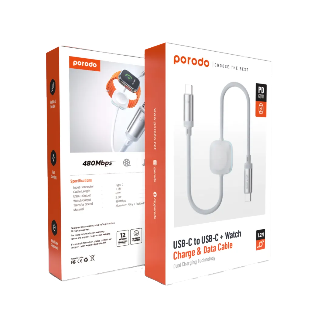 2'si 1 Arada Örgülü Şarj Kablosu, 60W PD Type-C ve Apple Watch Şarjlı Data Kablosu, 1.2 Metre