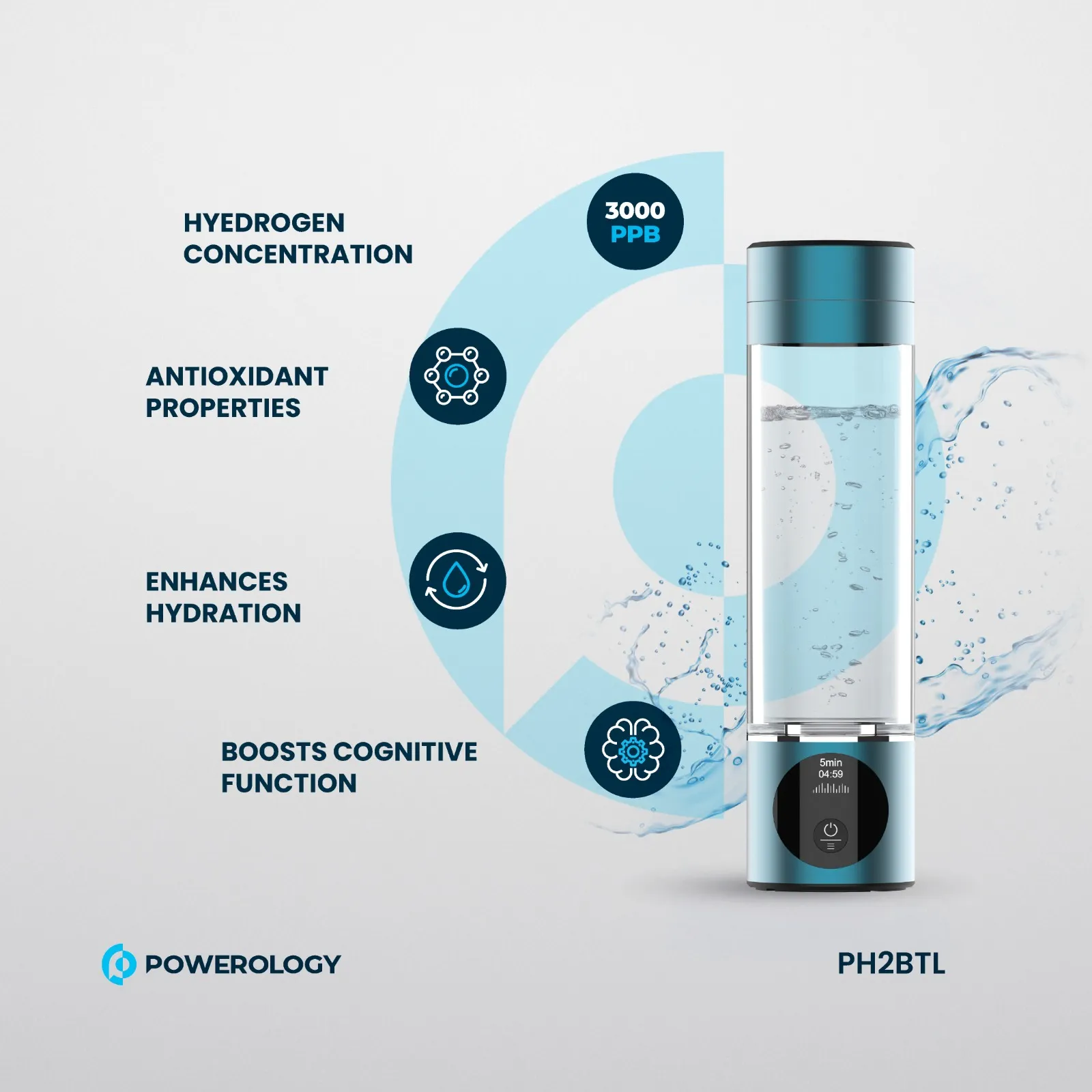 Hidrojenli Su Matarası, 3000 PPB, Titanyum Platin Elektrotlu Su Jeneratörü, OLED Ekranlı