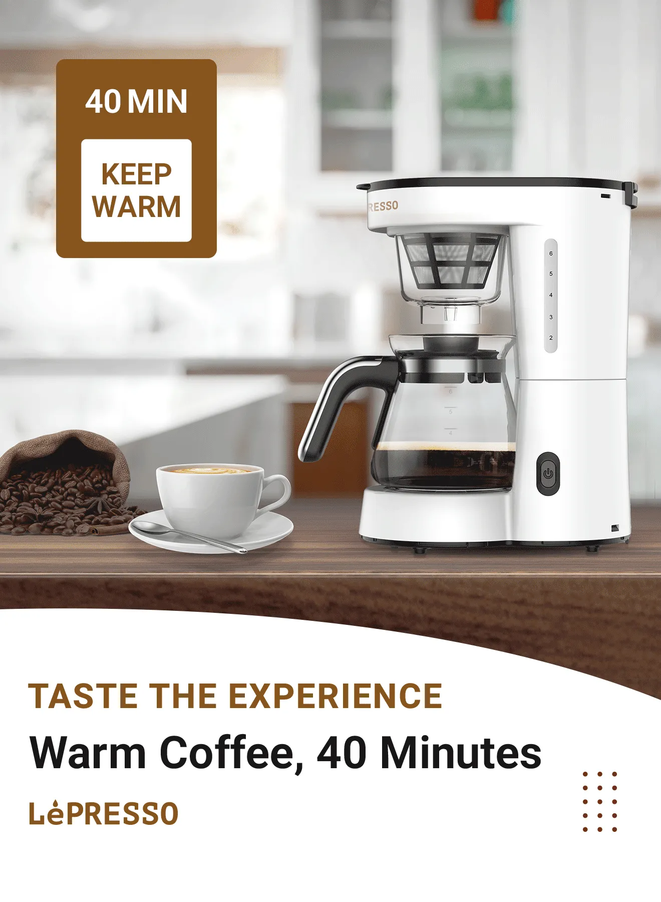 0.75L Şeffaf Filtre Kahve Makinesi, 6 Fincan Kapasiteli, Sıcak Tutma ve Otomatik Kapanma, Beyaz