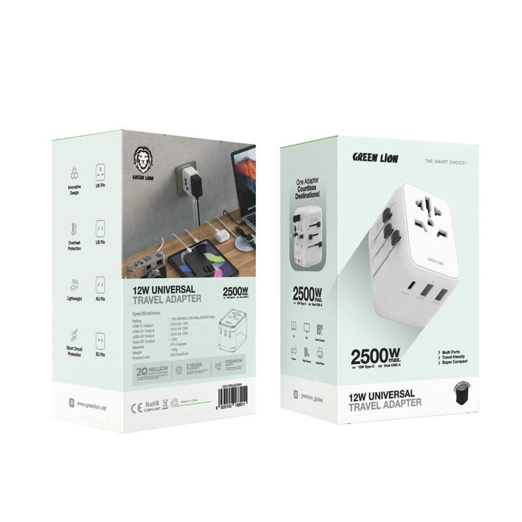 2500W Universal Seyahat Adaptörü, 3 USB Çıkışlı (Type-C, 2x USB-A) Çoklu Priz (ABD/AU/İNG/AB)