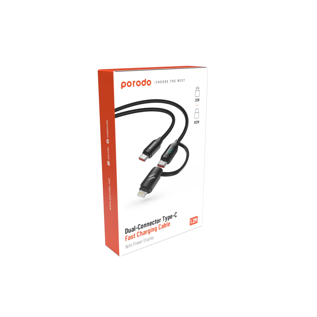 2'si 1 Arada Dijital Ekranlı Hızlı Şarj Kablosu, 100W PD Type-C ve 20W Lightning, 1.2 Metre