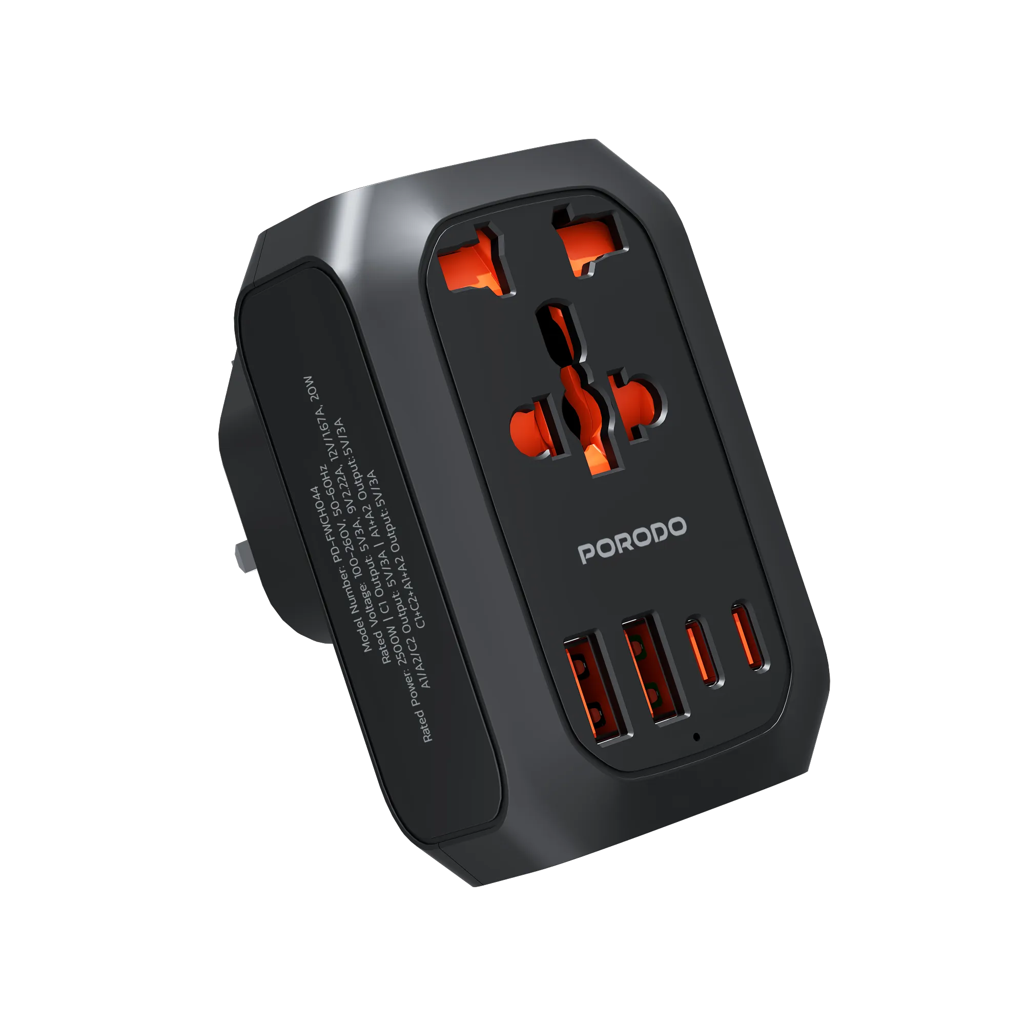 5 Portlu Universal Seyahat Adaptörü, 2500W Priz, 20W PD, 2x USB-C ve 2x USB-A Hızlı Şarj (EU)