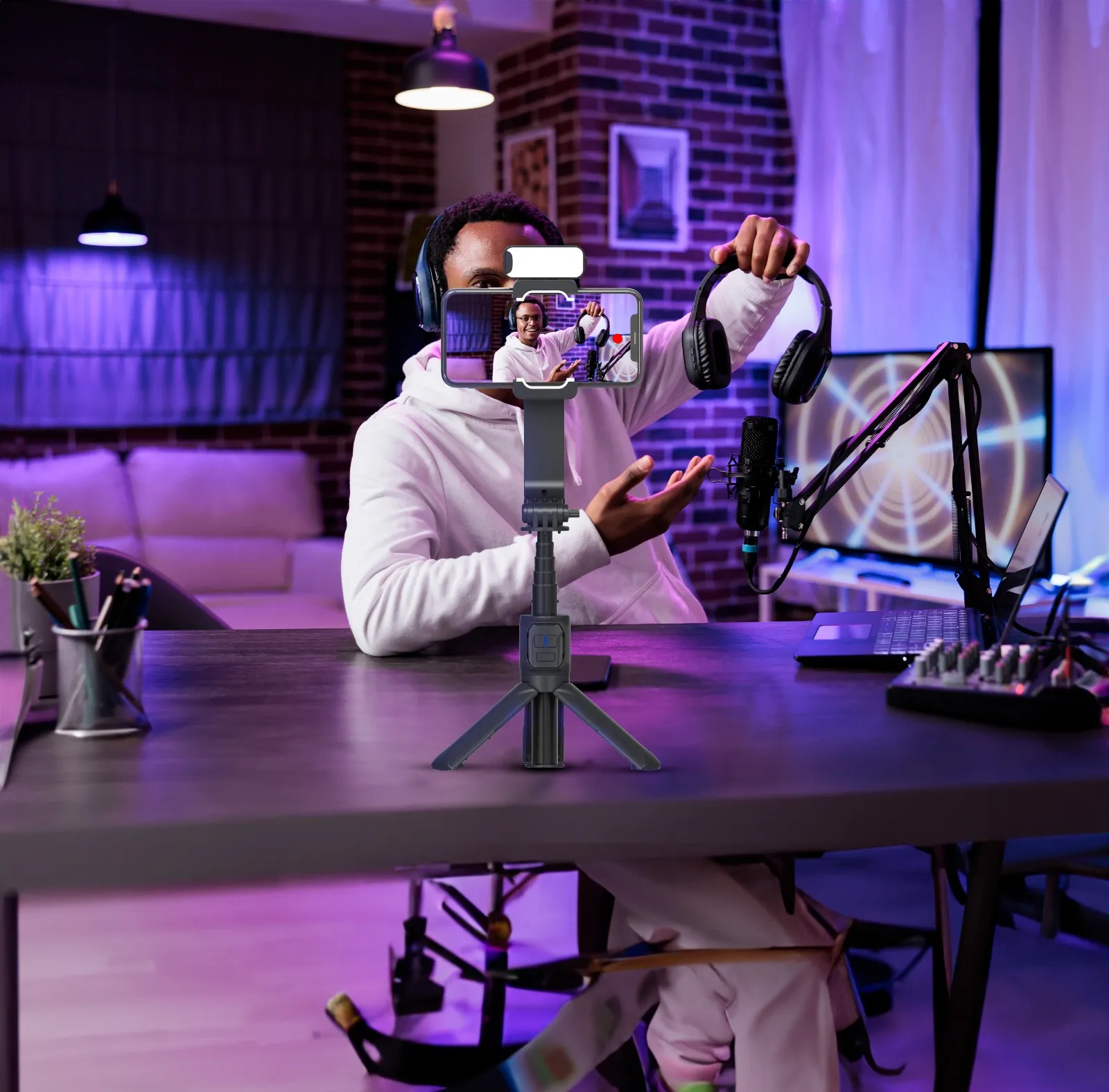 2 Eksenli Gimbal Sabitleyici, Selfie Çubuğu ve Tripod, Ayrılabilir Dolgu Işığı, FPV Modu