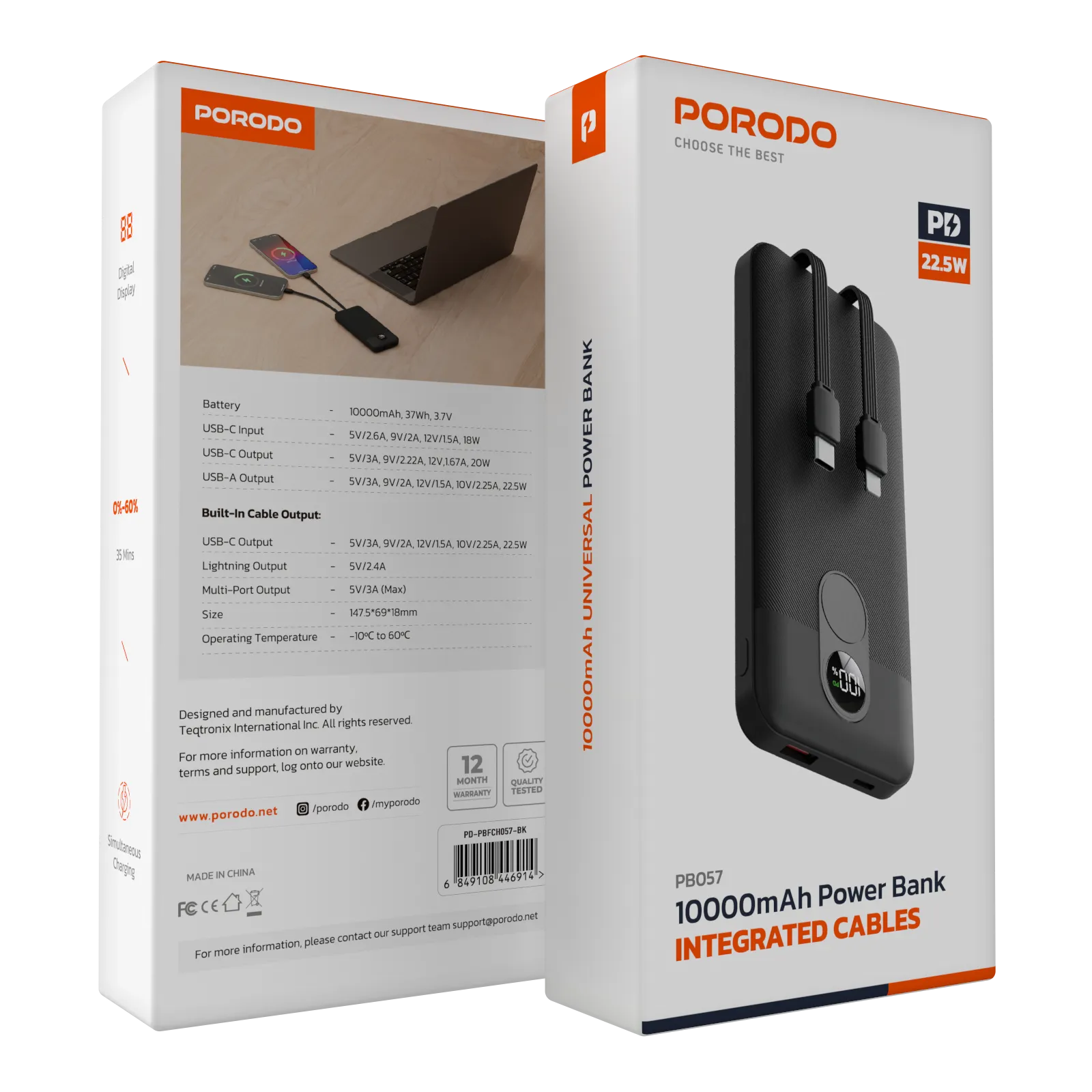 PB057 10000mAh Dahili Type-C ve Lightning Kablolu Powerbank, 22.5W Hızlı Şarj, Dijital Ekranlı