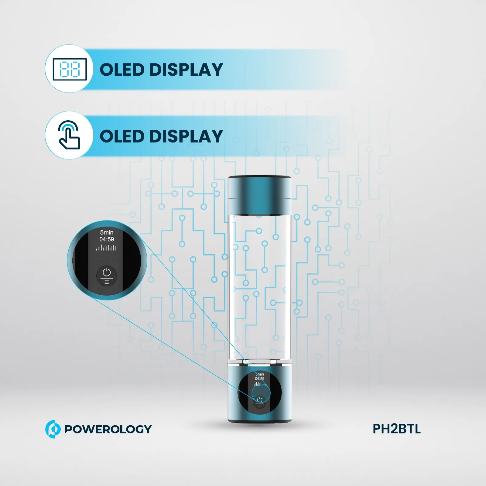 Hidrojenli Su Matarası, 3000 PPB, Titanyum Platin Elektrotlu Su Jeneratörü, OLED Ekranlı