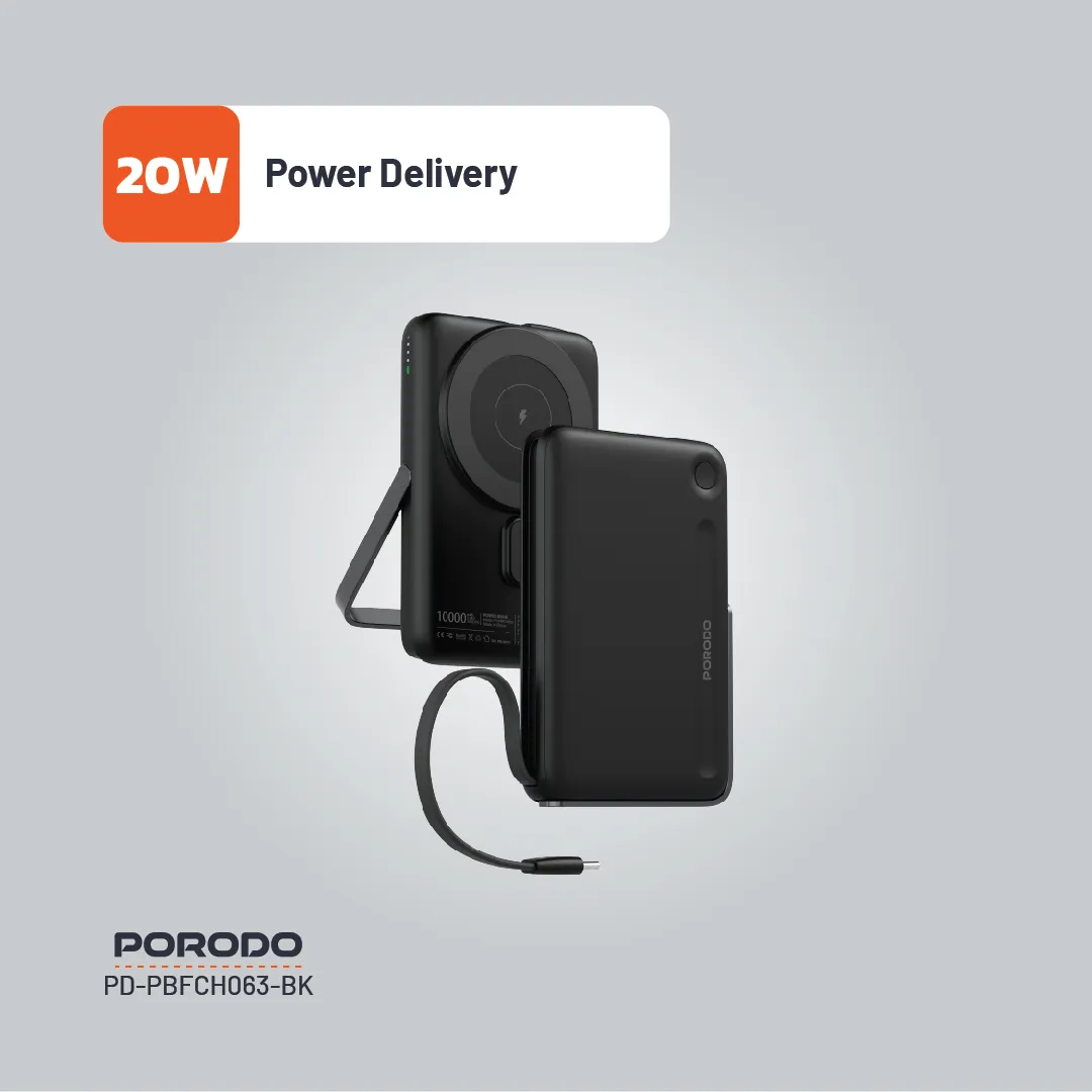 PB065 10000mAh MagSafe Powerbank, Dahili Type-C Kablolu ve Standlı, 15W Kablosuz, 20W PD Hızlı Şarj
