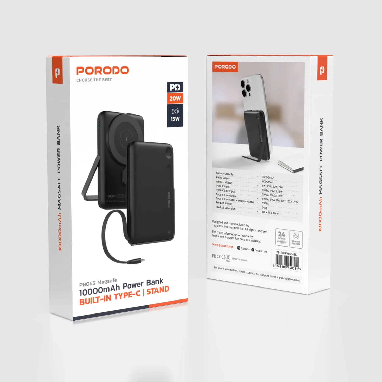 PB065 10000mAh MagSafe Powerbank, Dahili Type-C Kablolu ve Standlı, 15W Kablosuz, 20W PD Hızlı Şarj