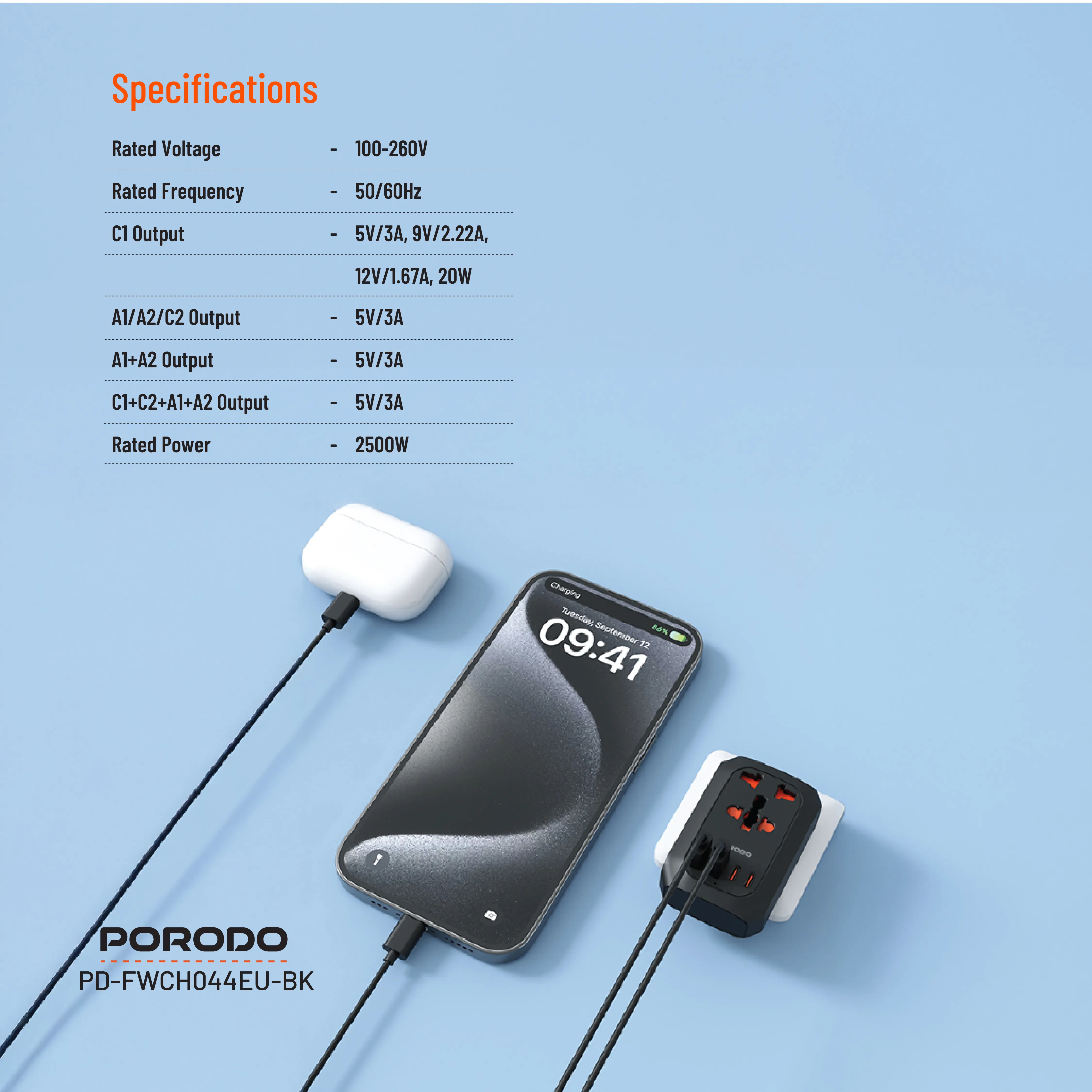 5 Portlu Universal Seyahat Adaptörü, 2500W Priz, 20W PD, 2x USB-C ve 2x USB-A Hızlı Şarj (EU)