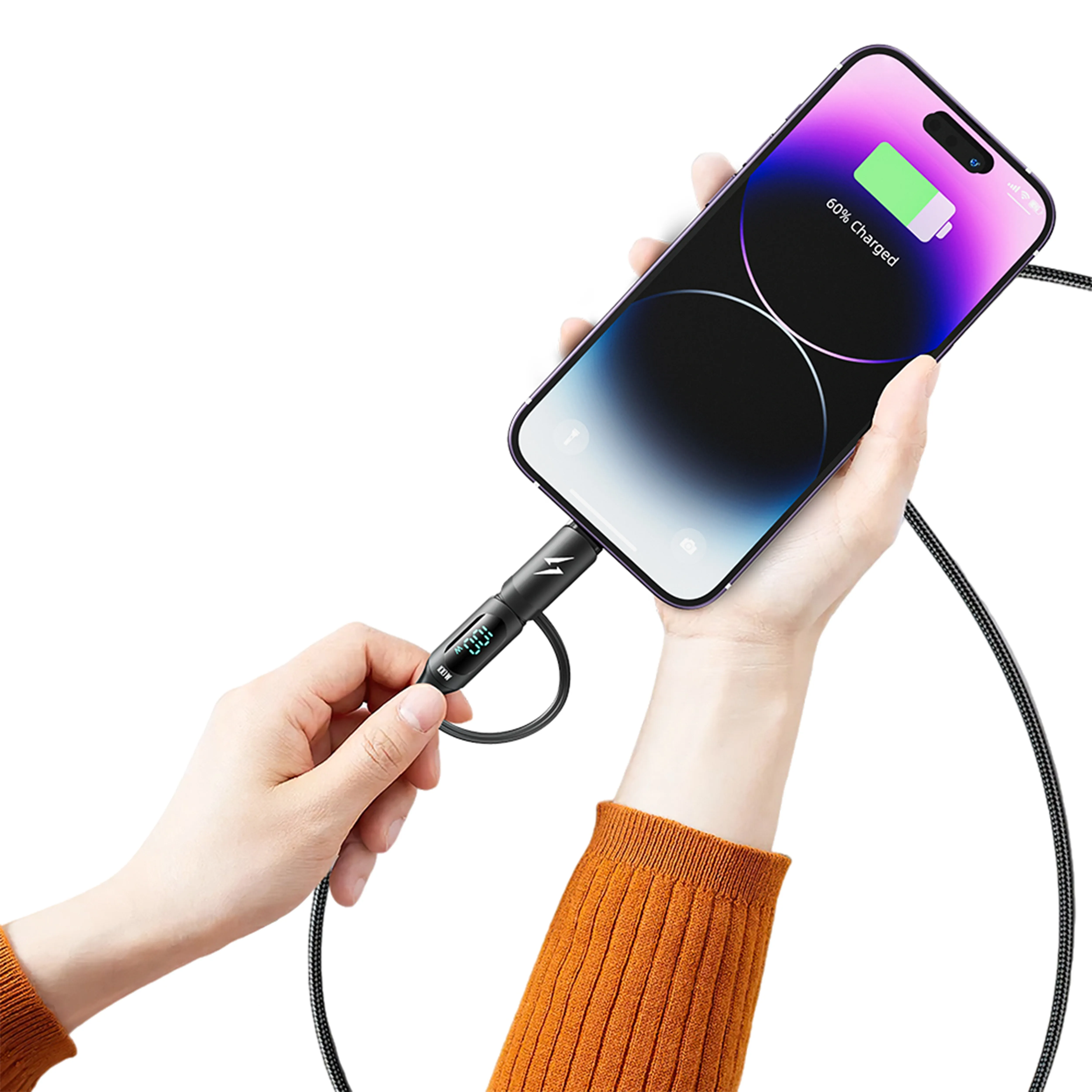 2'si 1 Arada Dijital Ekranlı Hızlı Şarj Kablosu, 100W PD Type-C ve 20W Lightning, 1.2 Metre