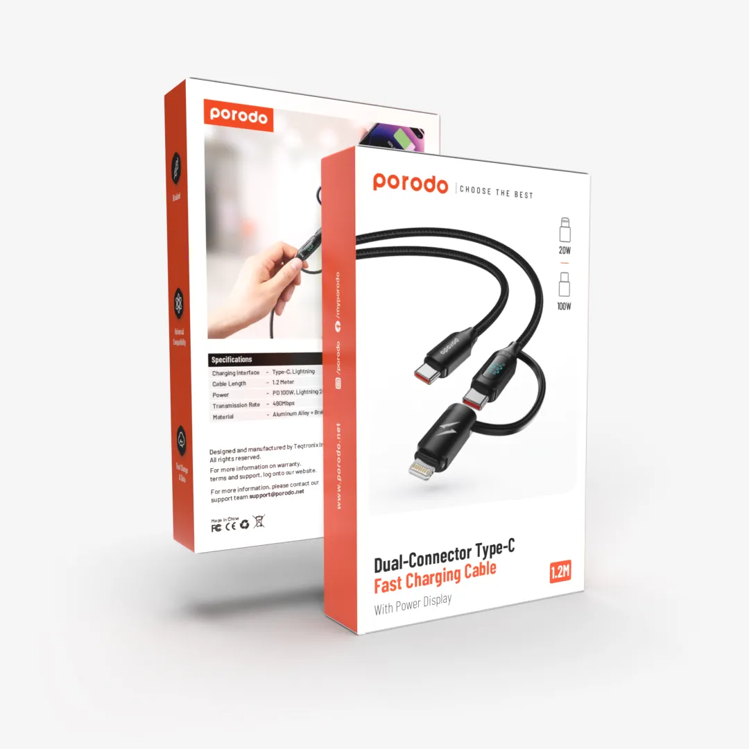 2'si 1 Arada Dijital Ekranlı Hızlı Şarj Kablosu, 100W PD Type-C ve 20W Lightning, 1.2 Metre