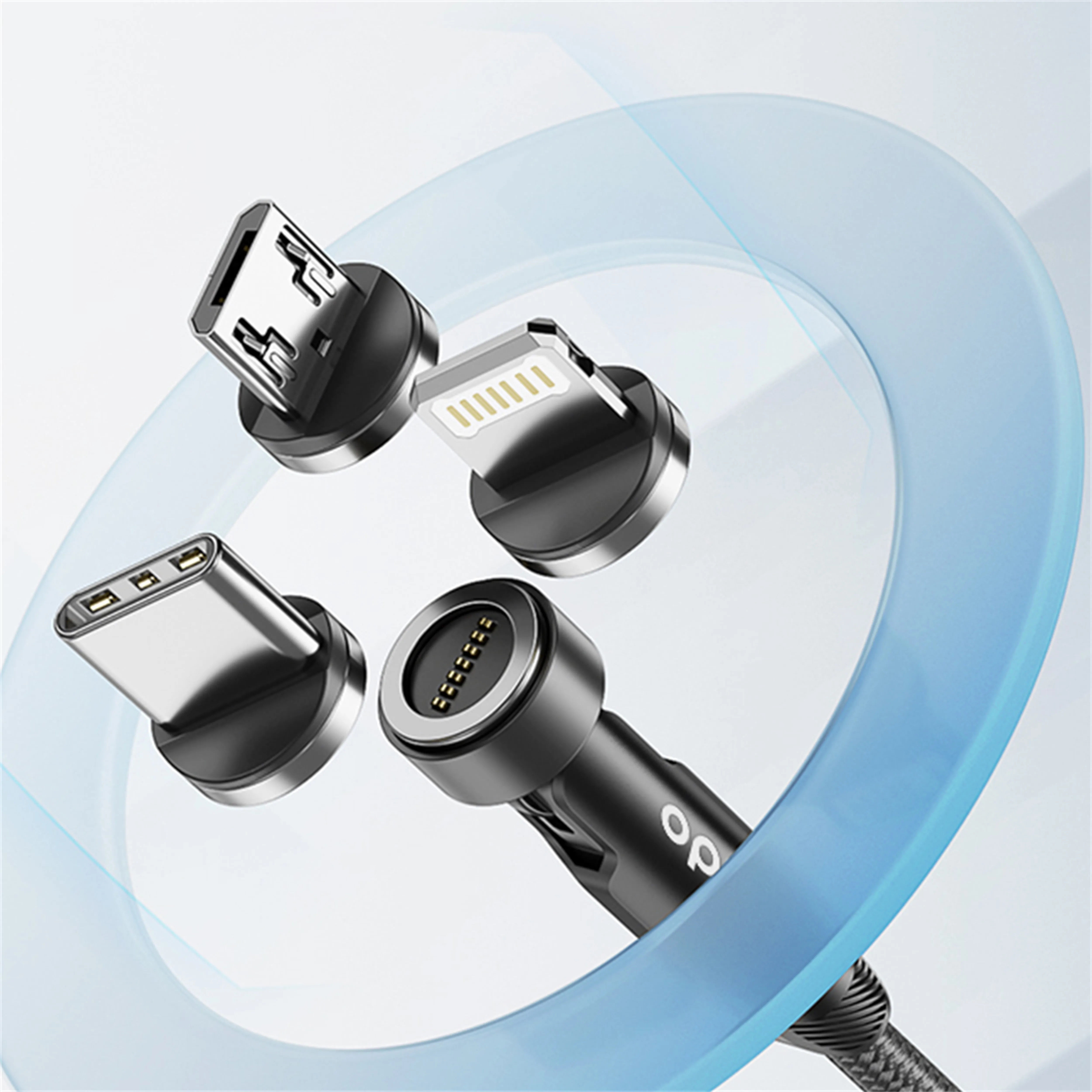 3'ü 1 Arada Manyetik Örgü Kablo, 180°+360° Döner Başlıklı Lightning, Type-C ve Micro USB Hızlı Şarj