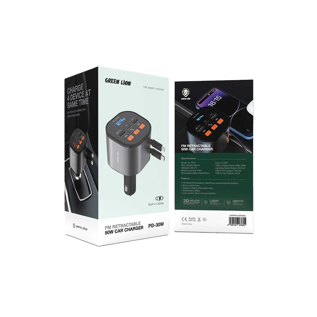 50W 4'ü 1 FM Transmitter, Sarma Type-C Lightning Kablolu Araç İçi Hızlı Şarj Cihazı, Dijital Ekran