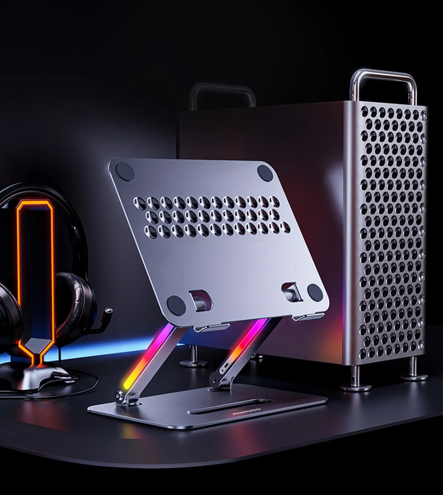 17.3 İnç Alüminyum Laptop Standı, Katlanabilir, Ayarlanabilir Yükseklik, RGB Işıklı Soğutucu