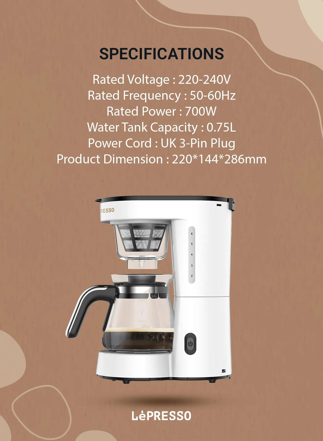 0.75L Şeffaf Filtre Kahve Makinesi, 6 Fincan Kapasiteli, Sıcak Tutma ve Otomatik Kapanma, Beyaz