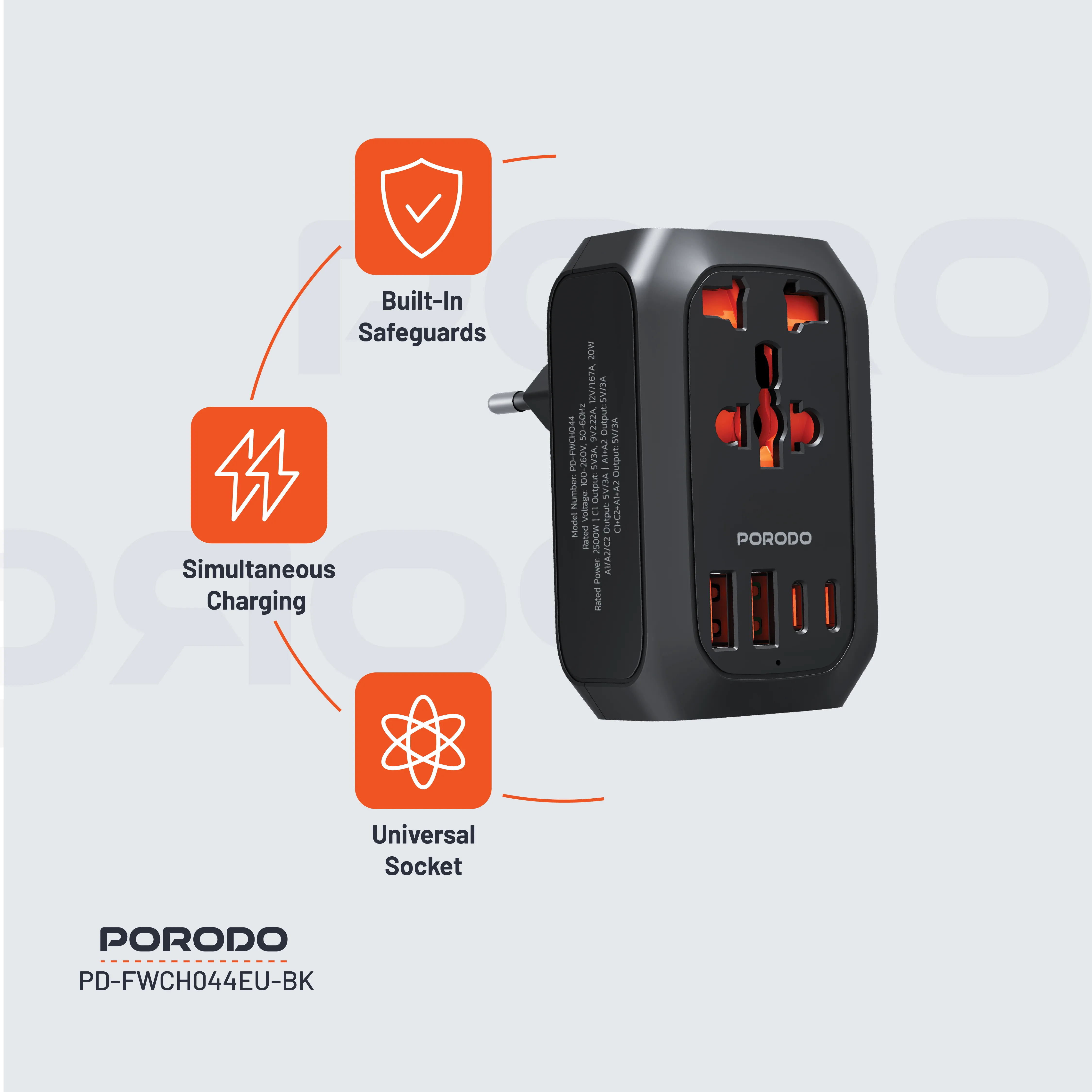 5 Portlu Universal Seyahat Adaptörü, 2500W Priz, 20W PD, 2x USB-C ve 2x USB-A Hızlı Şarj (EU)