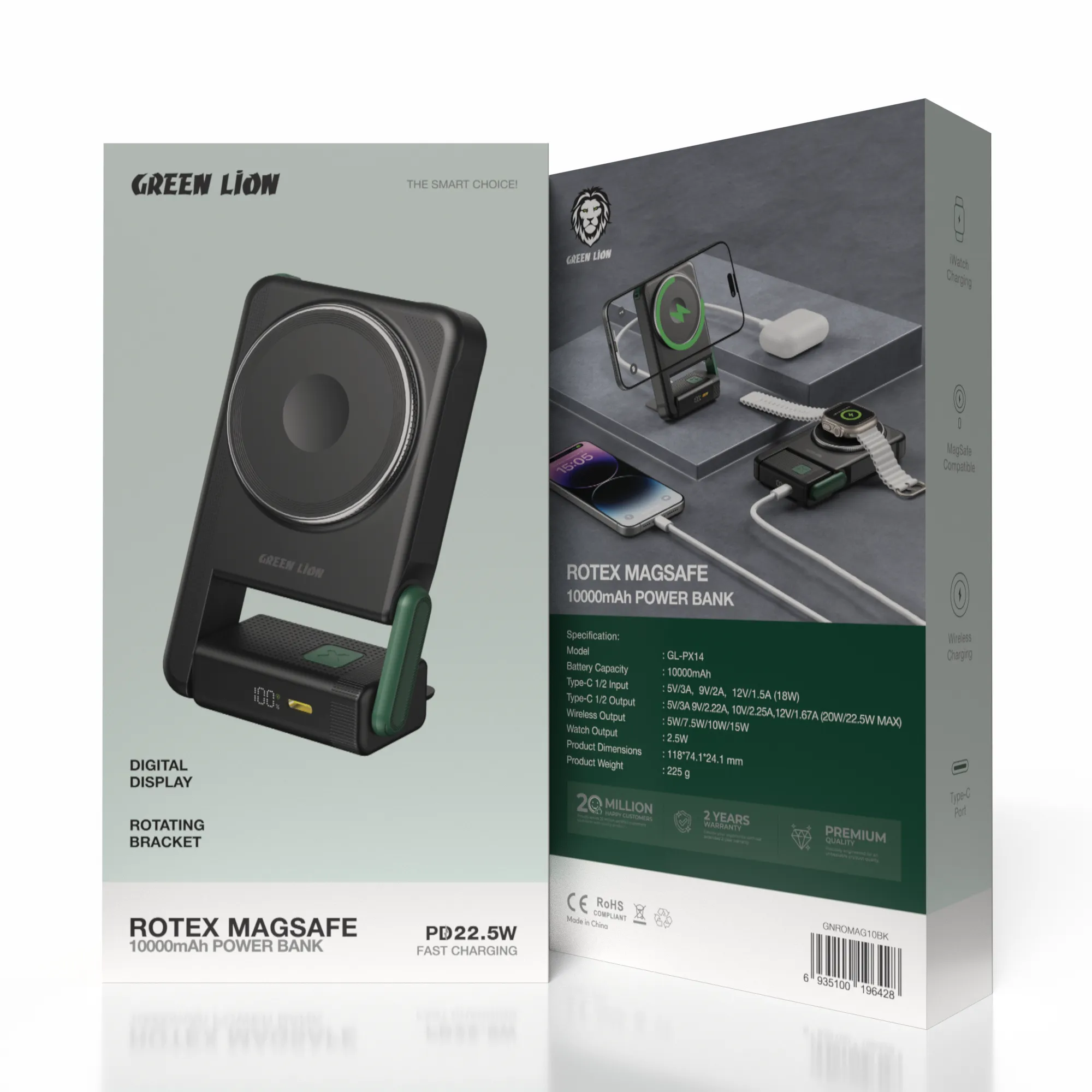 Rotex 10000mAh MagSafe Power Bank, Apple Watch Uyumlu, Döner Stand, PD 22.5W Hızlı Şarj Cihazı