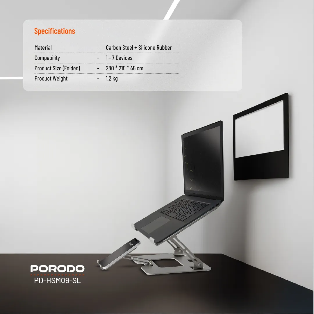 2'si 1 Arada Katlanabilir Laptop ve Telefon Standı, Ayarlanabilir Yükseklik/Açı, Karbon Çelik Stand
