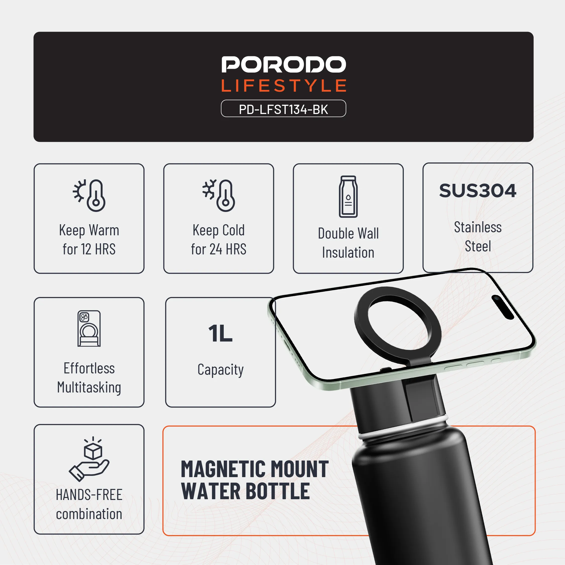 Lifestyle 1L Manyetik Telefon Tutuculu Termos Suluk, 360° Dönebilen MagSafe Uyumlu Çelik Matara