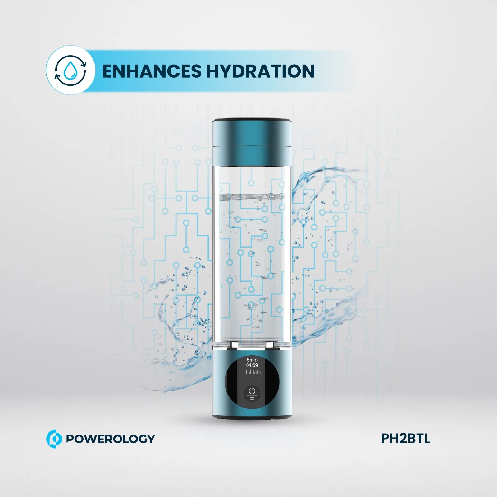 Hidrojenli Su Matarası, 3000 PPB, Titanyum Platin Elektrotlu Su Jeneratörü, OLED Ekranlı