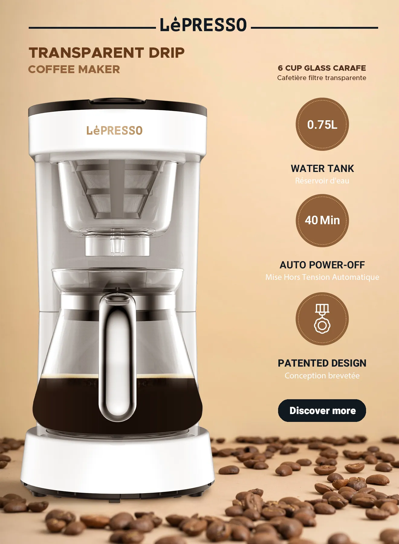 0.75L Şeffaf Filtre Kahve Makinesi, 6 Fincan Kapasiteli, Sıcak Tutma ve Otomatik Kapanma, Beyaz