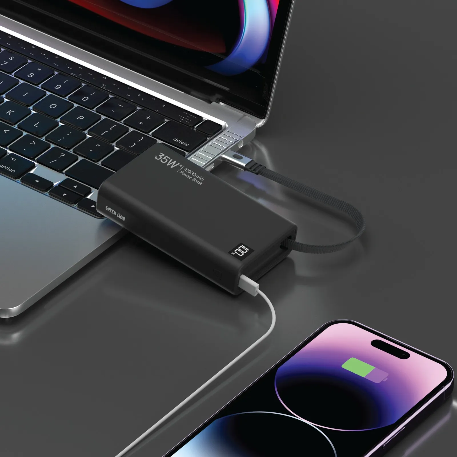 10000mAh Makaralı Power Bank, Dahili 75cm Type-C Kablolu, PD 35W Hızlı Şarj, LED Ekranlı Şarj Cihazı