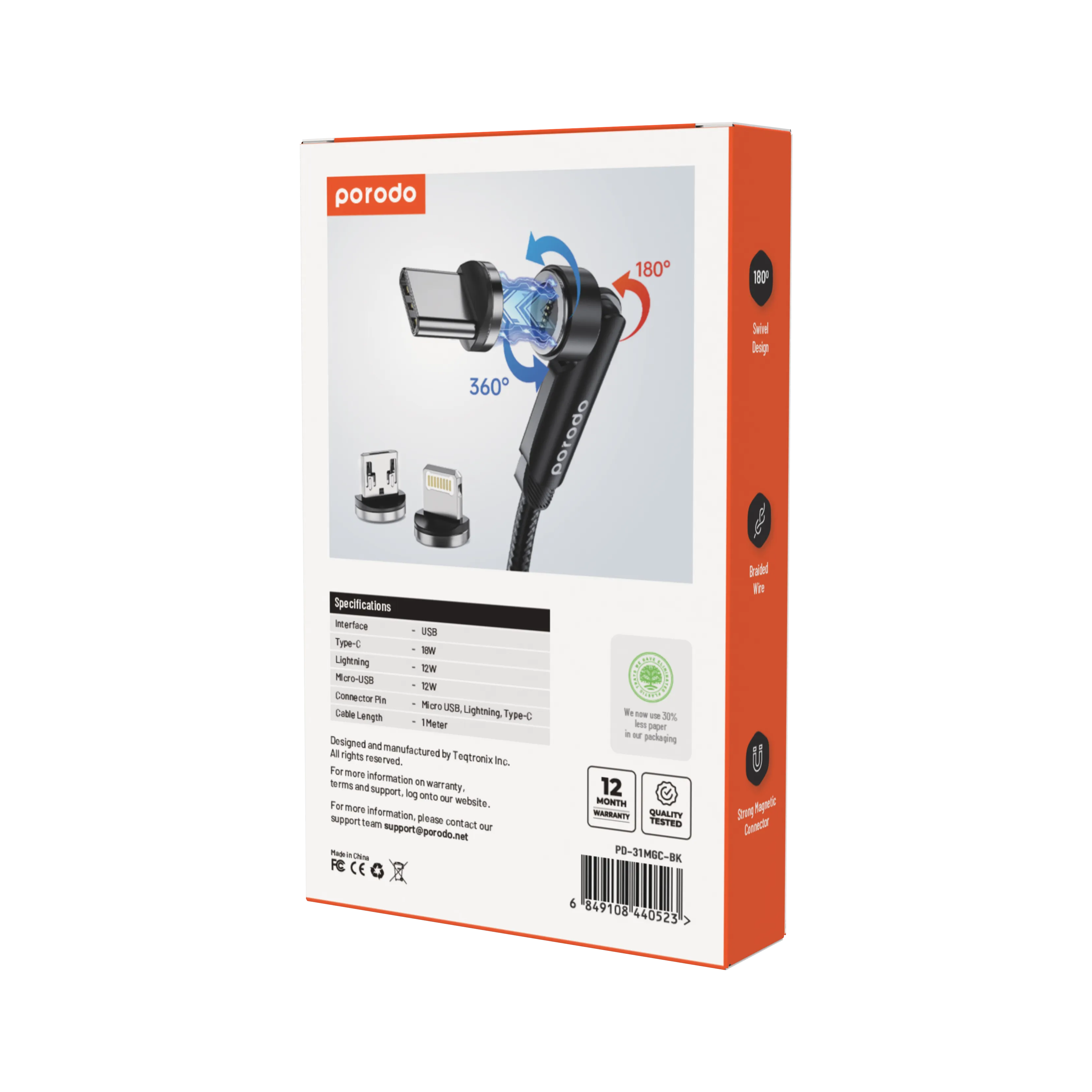 3'ü 1 Arada Manyetik Örgü Kablo, 180°+360° Döner Başlıklı Lightning, Type-C ve Micro USB Hızlı Şarj