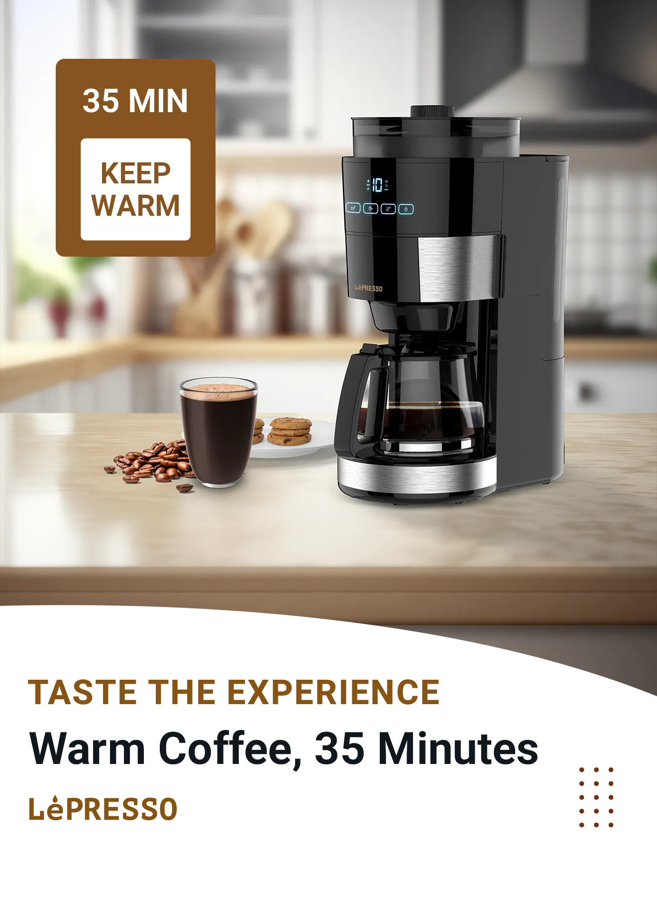 1.2L Öğütücülü Filtre Kahve Makinesi, 10 Fincan, Sıcak Tutma Fonksiyonlu Otomatik Kahve Makinesi