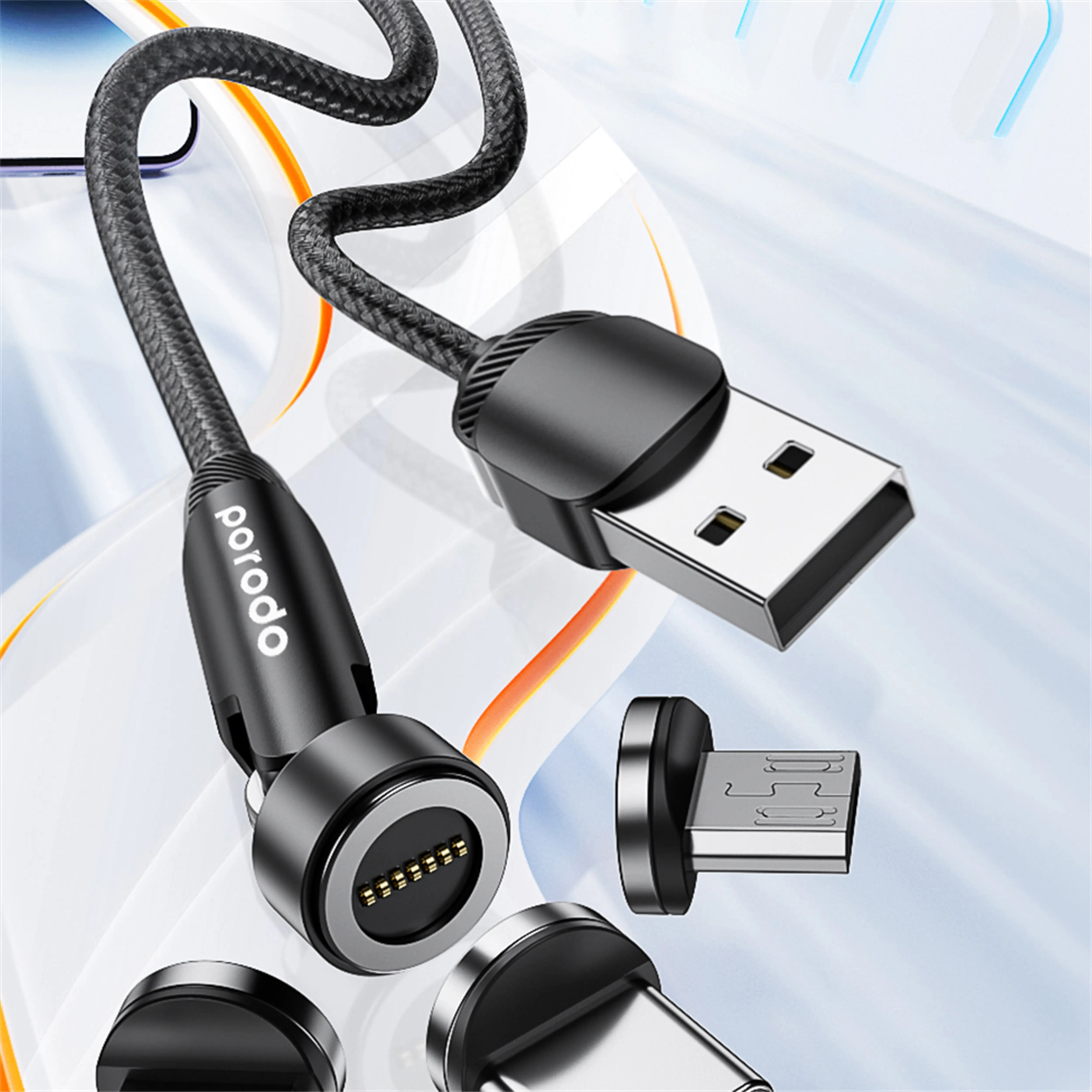 3'ü 1 Arada Manyetik Örgü Kablo, 180°+360° Döner Başlıklı Lightning, Type-C ve Micro USB Hızlı Şarj