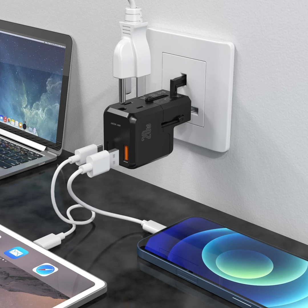 Mini Seyahat Adaptörü, PD 20W Hızlı Şarj Destekli, 2500W Güçlü USB Type-C Çıkışlı Priz Dönüştürücü