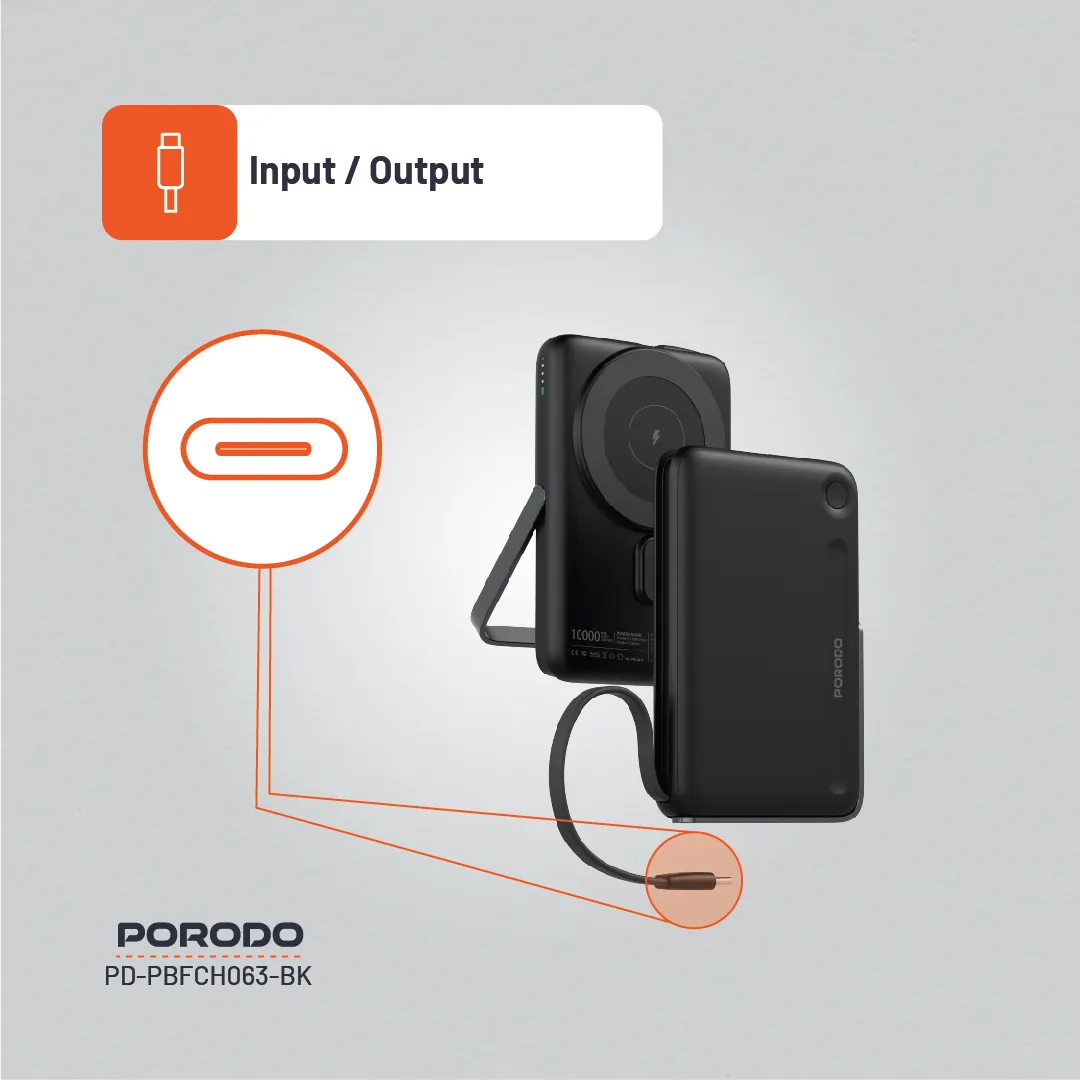 PB065 10000mAh MagSafe Powerbank, Dahili Type-C Kablolu ve Standlı, 15W Kablosuz, 20W PD Hızlı Şarj