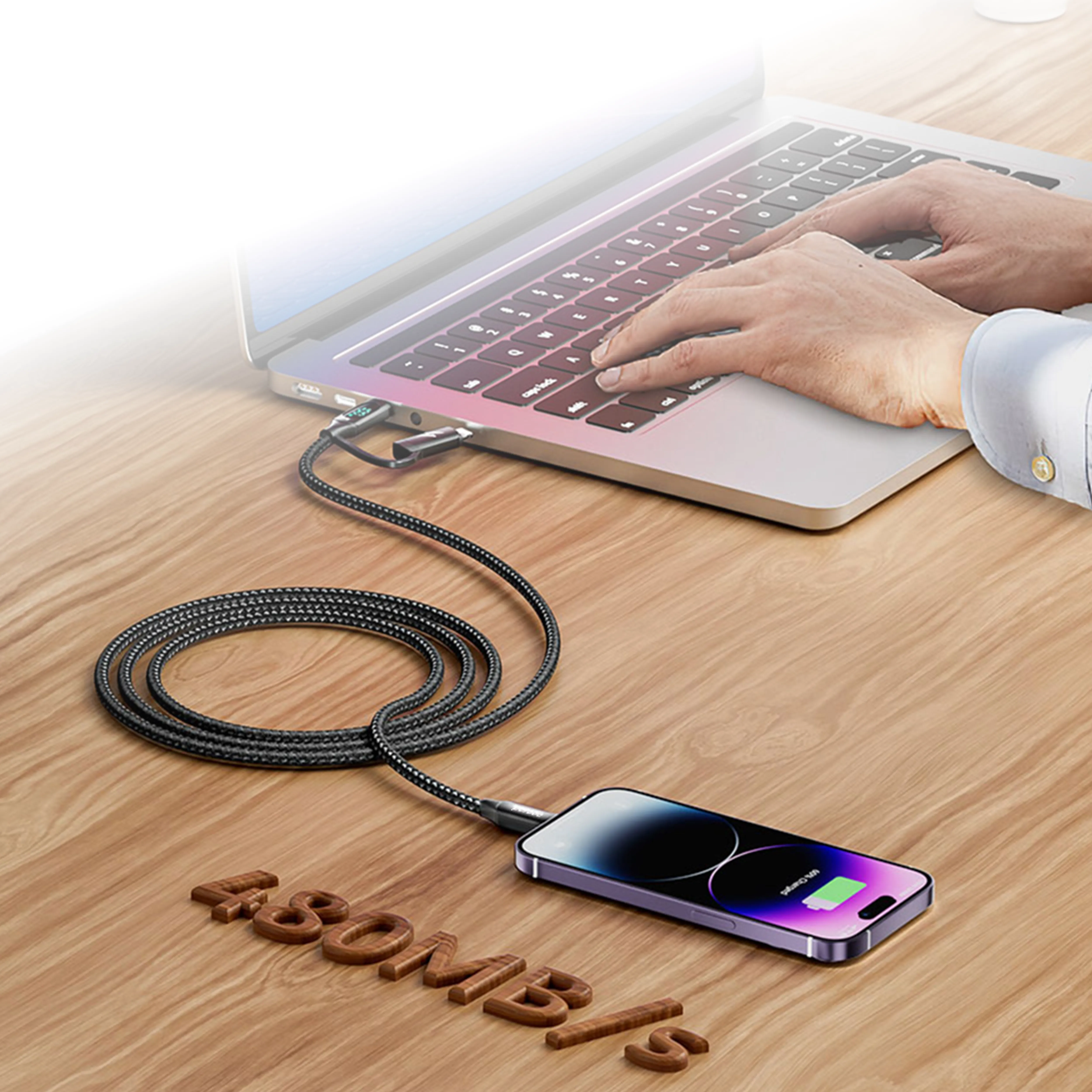 2'si 1 Arada Dijital Ekranlı Hızlı Şarj Kablosu, 100W PD Type-C ve 20W Lightning, 1.2 Metre