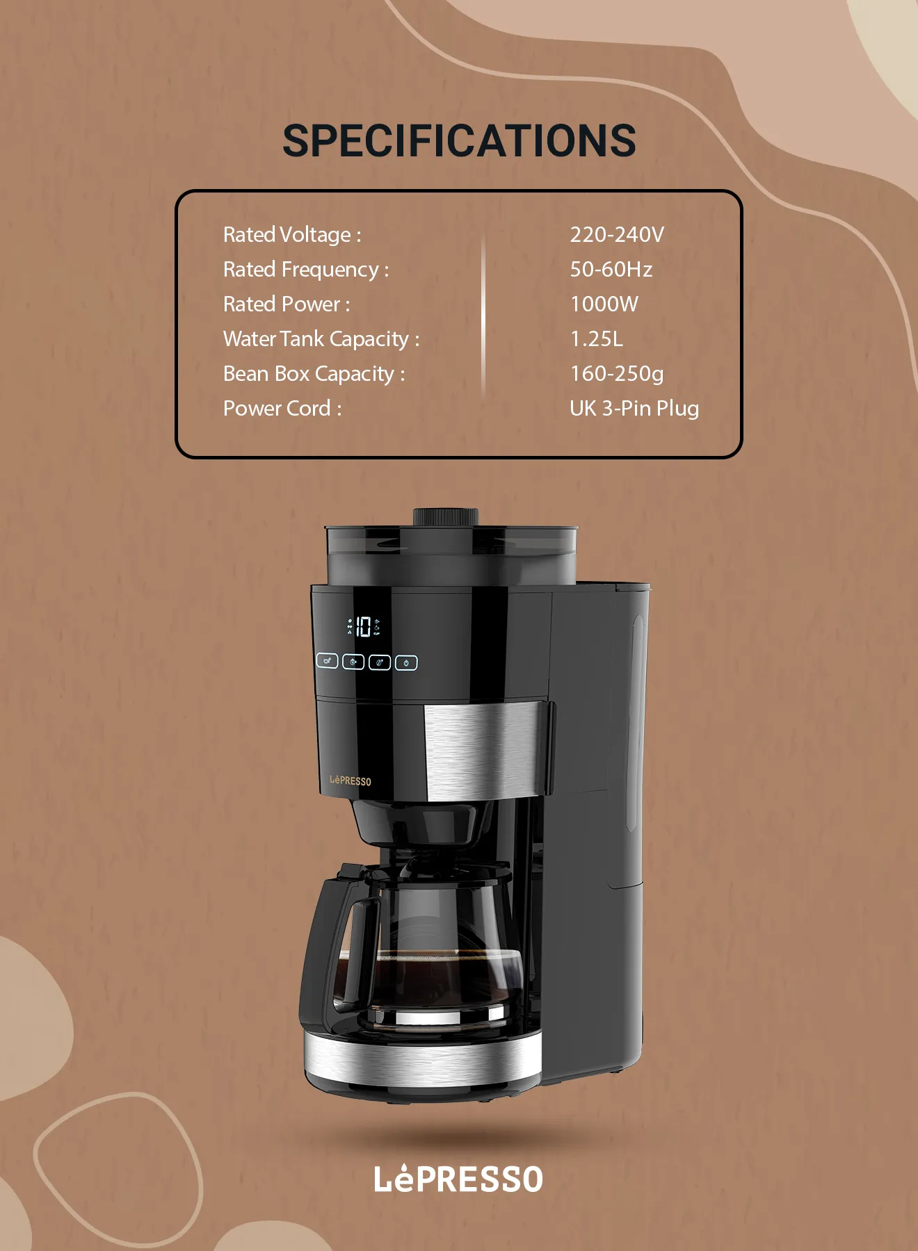 1.2L Öğütücülü Filtre Kahve Makinesi, 10 Fincan, Sıcak Tutma Fonksiyonlu Otomatik Kahve Makinesi