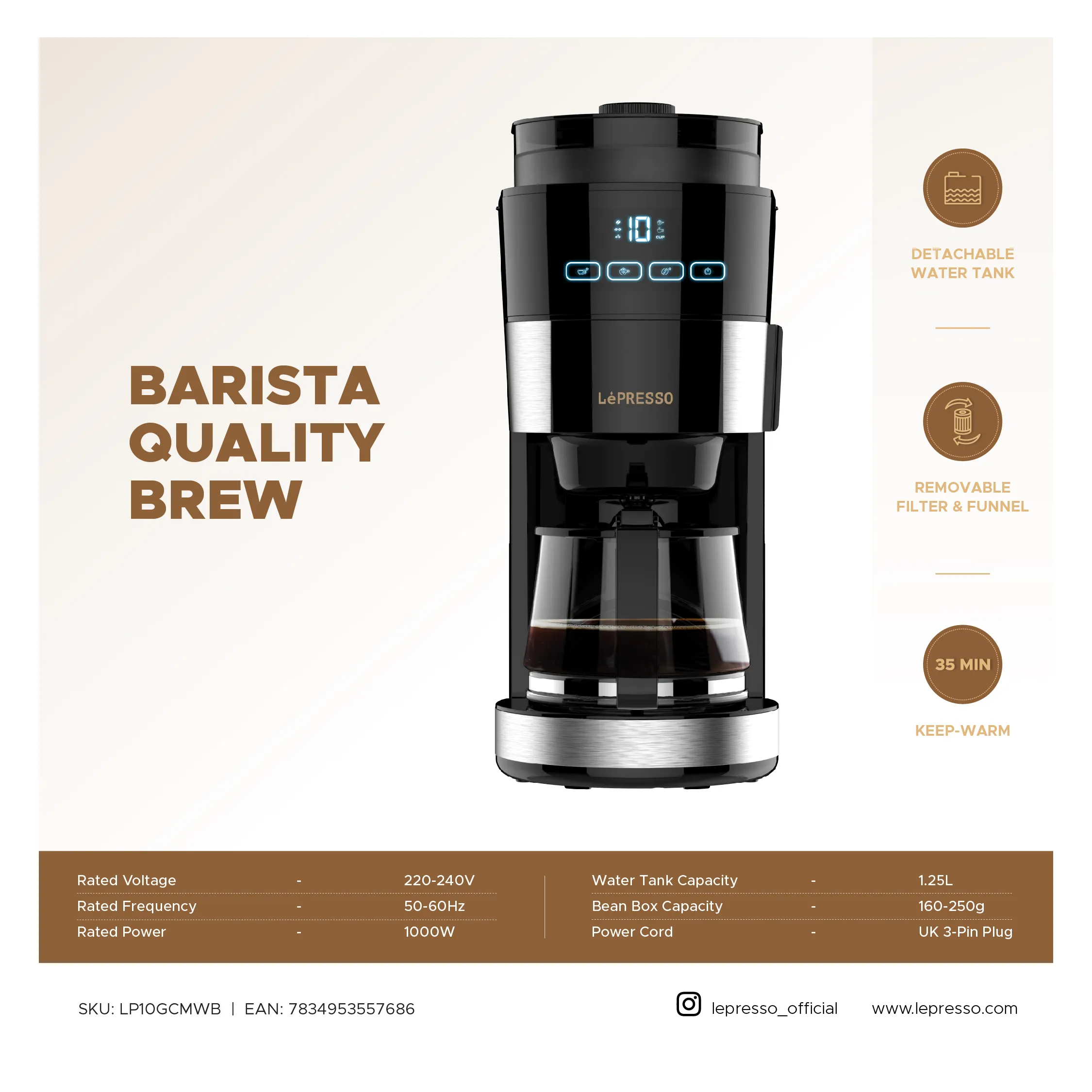 1.2L Öğütücülü Filtre Kahve Makinesi, 10 Fincan, Sıcak Tutma Fonksiyonlu Otomatik Kahve Makinesi