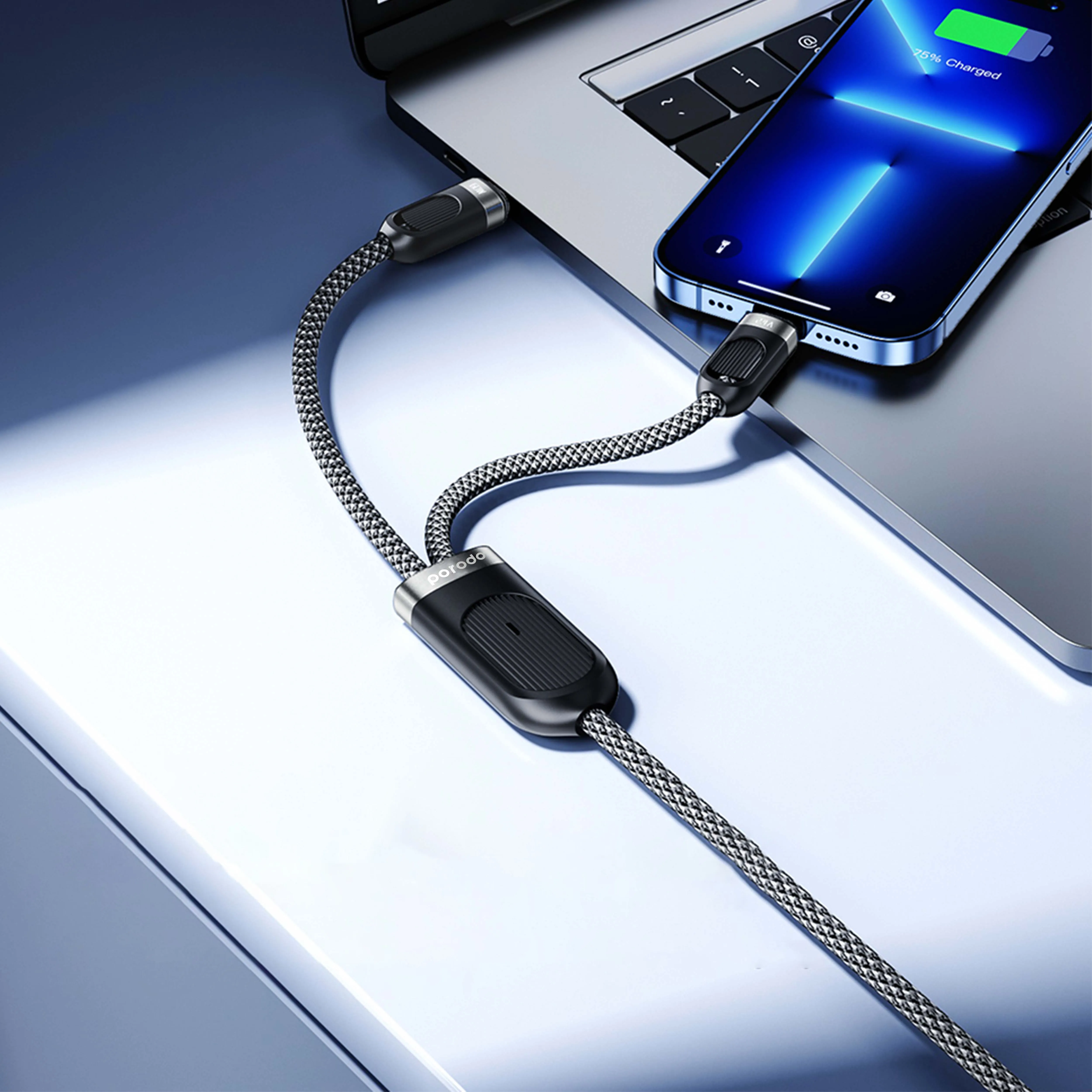 2'si 1 Arada Örgülü Hızlı Şarj Kablosu, 60W PD Type-C ve 12W Lightning, 1.2 Metre, Aynı Anda Şarj