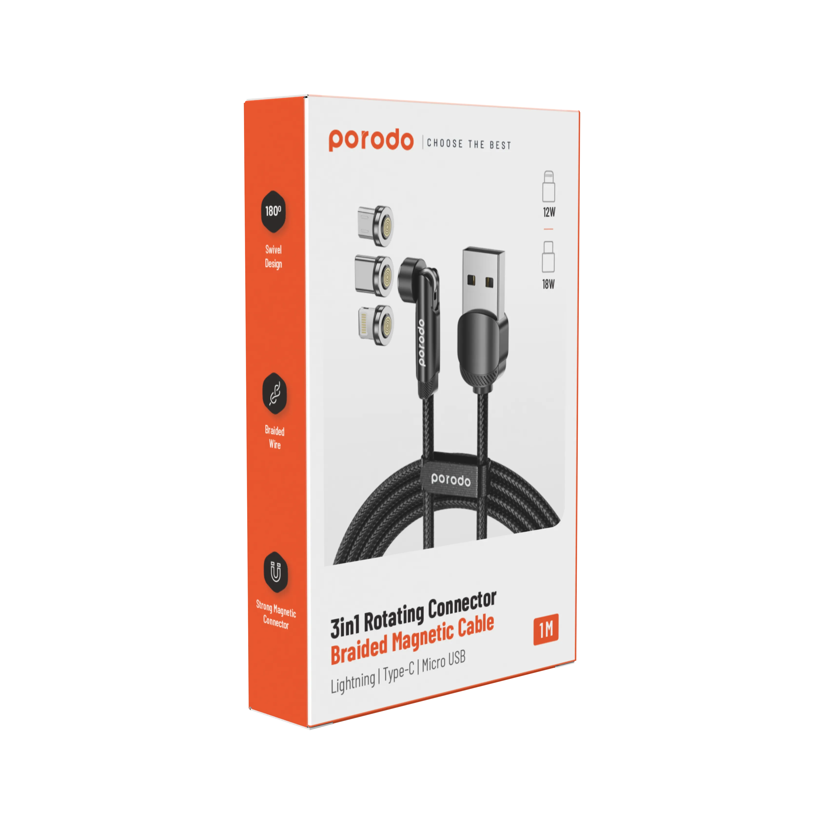 3'ü 1 Arada Manyetik Örgü Kablo, 180°+360° Döner Başlıklı Lightning, Type-C ve Micro USB Hızlı Şarj